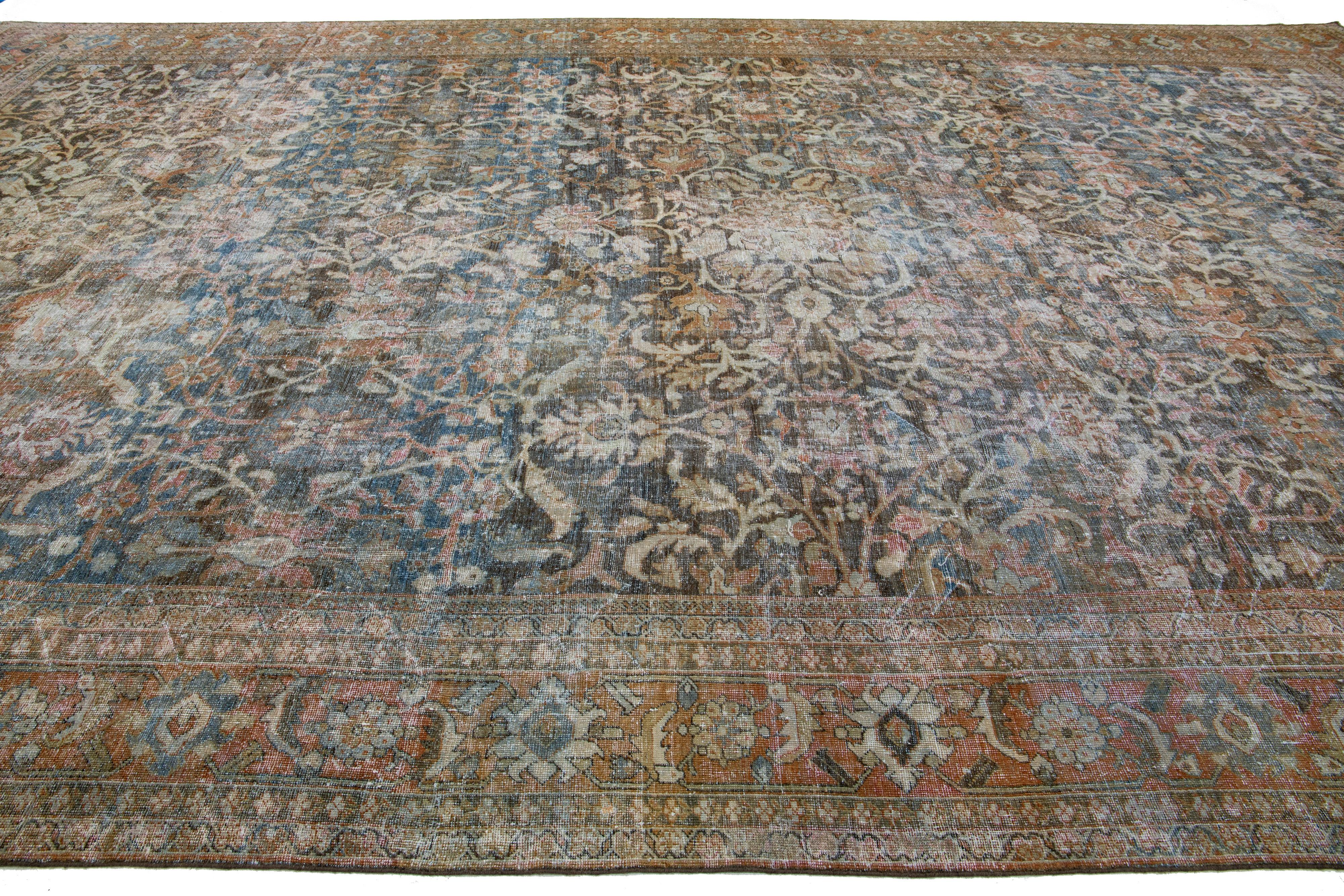Hand-Knotted Oversize Blue Persian Antique Mahal Wool Rug with Allover Motif For Sale