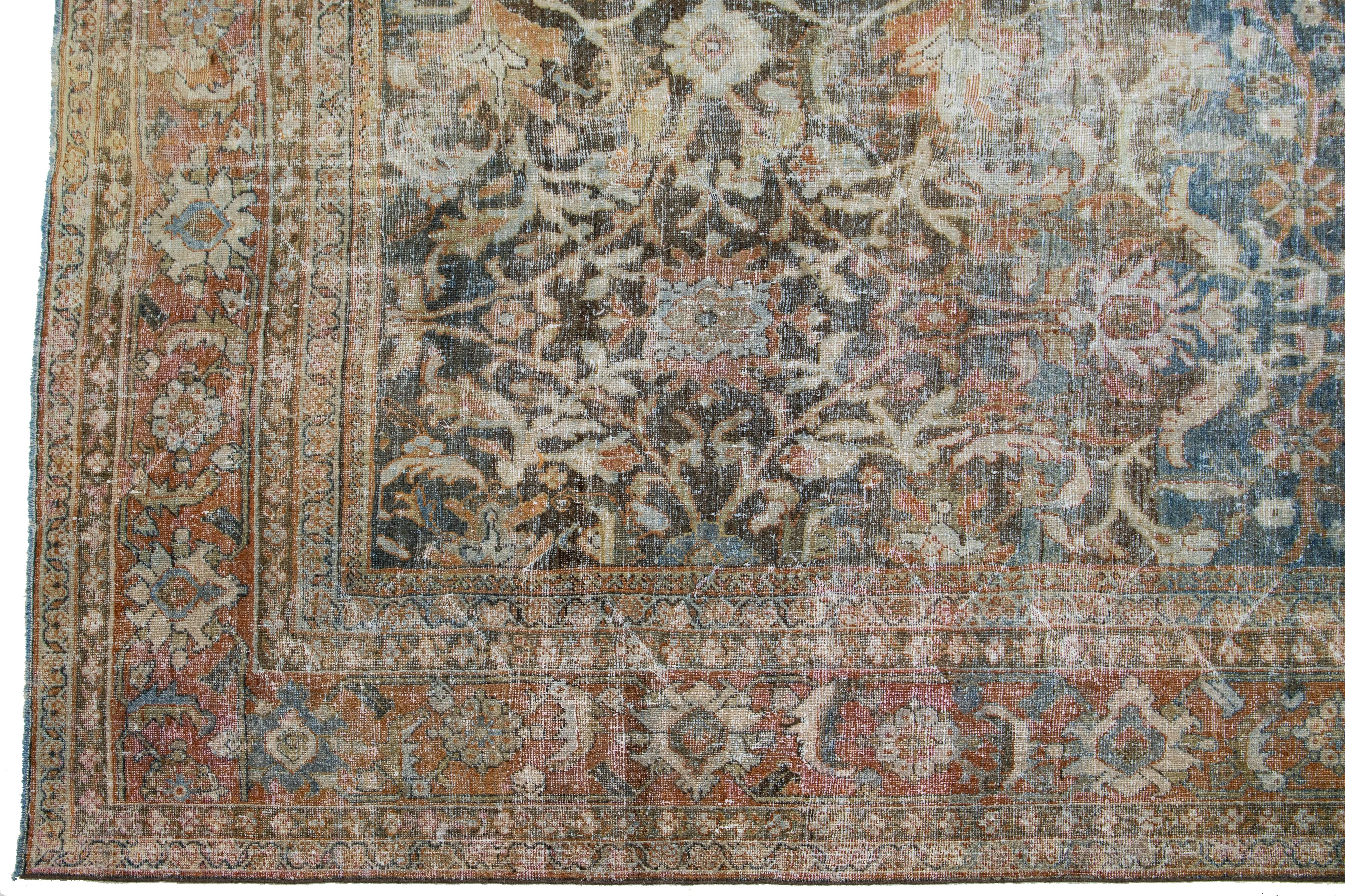 Oversize Blue Persian Antique Mahal Wool Rug with Allover Motif In Good Condition For Sale In Norwalk, CT