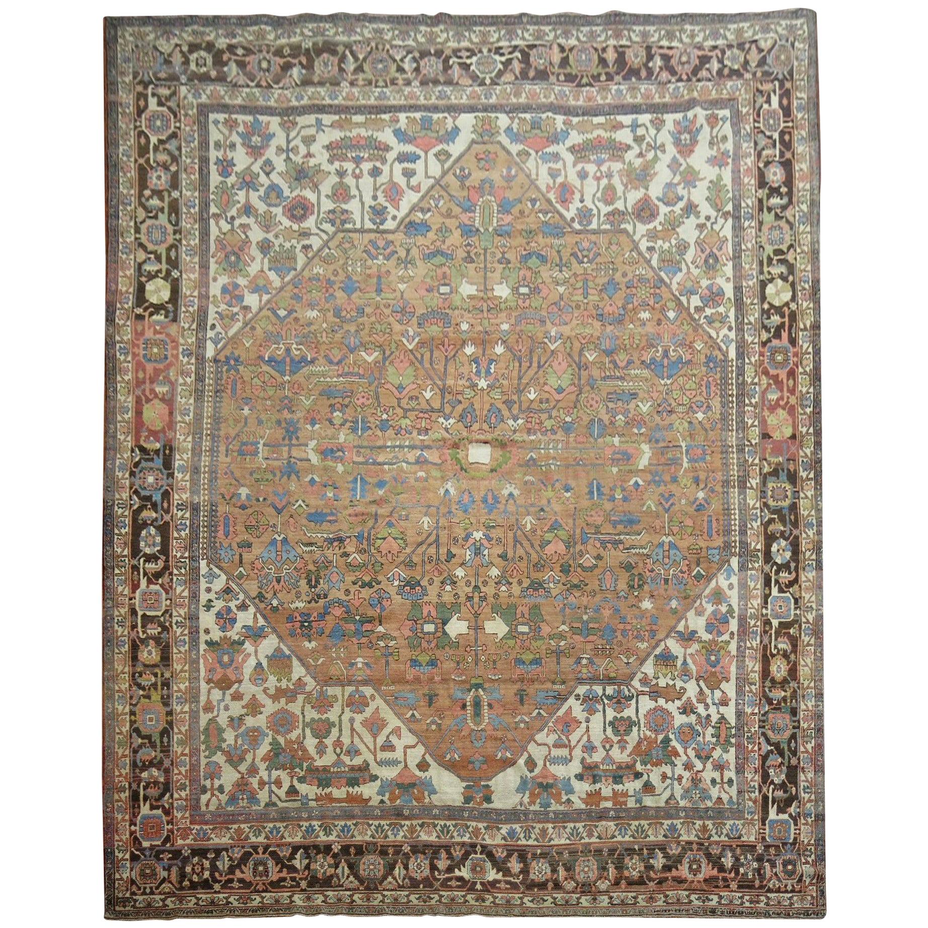 Oversize Brown Color Antique Persian Heriz Serapi Rug For Sale