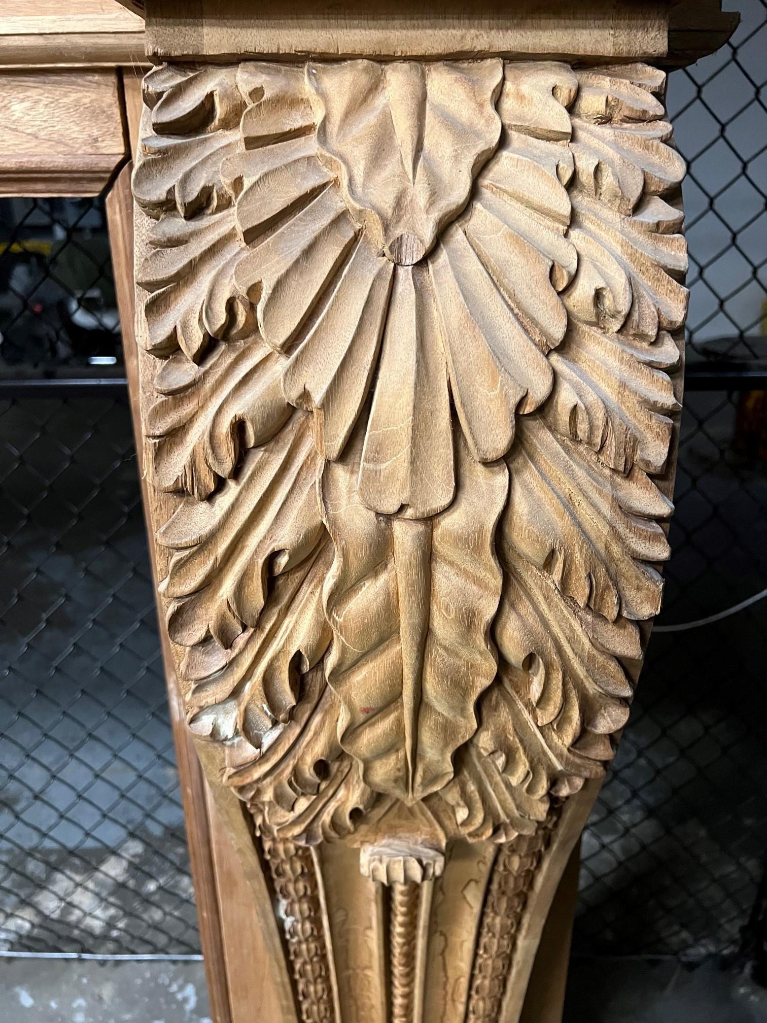 Oversize Carved Wood Fireplace Mantel with Acanthus Leaf Corbels.   4