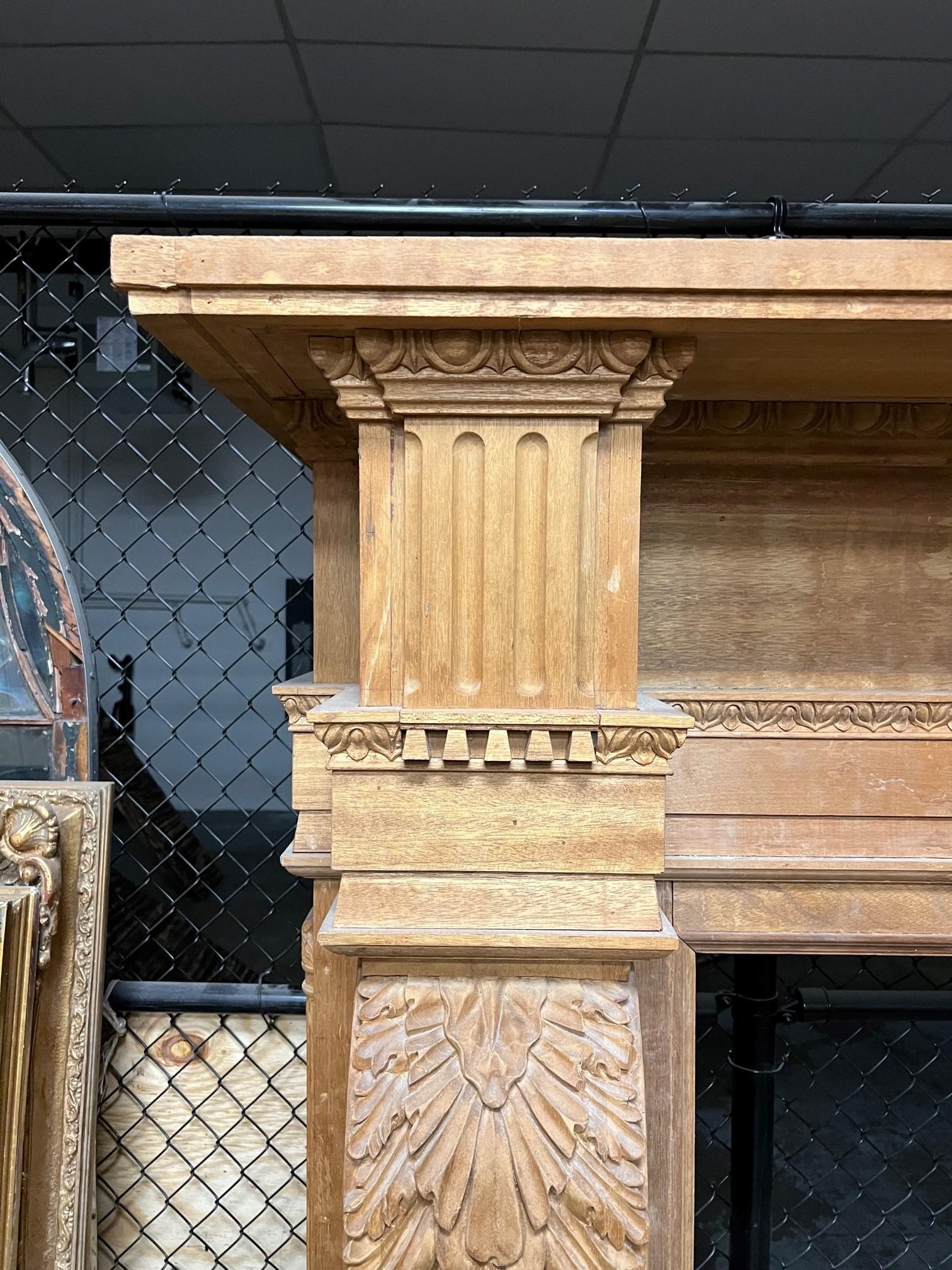 Chinese Oversize Carved Wood Fireplace Mantel with Acanthus Leaf Corbels.   For Sale