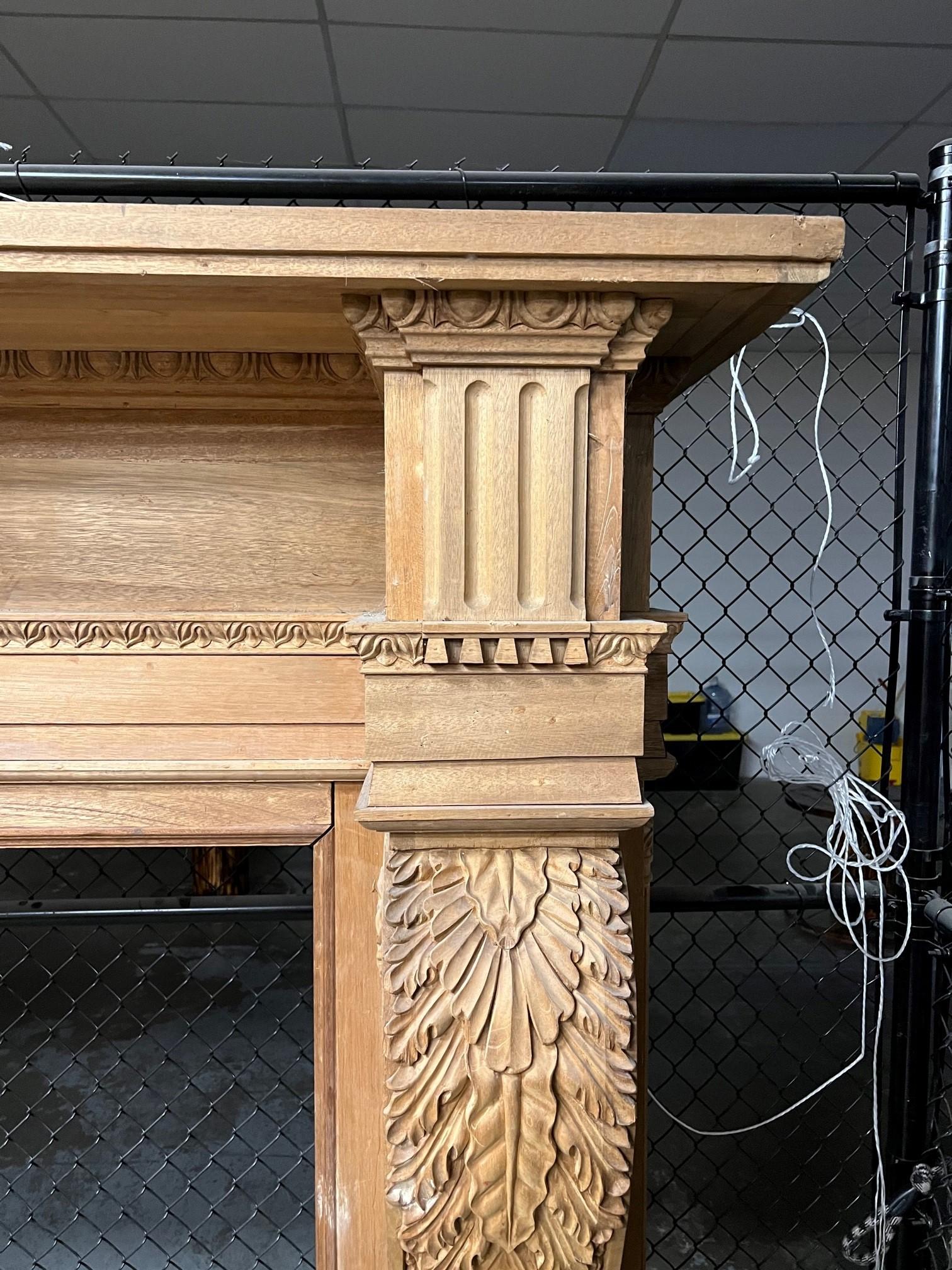 Oversize Carved Wood Fireplace Mantel with Acanthus Leaf Corbels.   In Good Condition For Sale In Stamford, CT