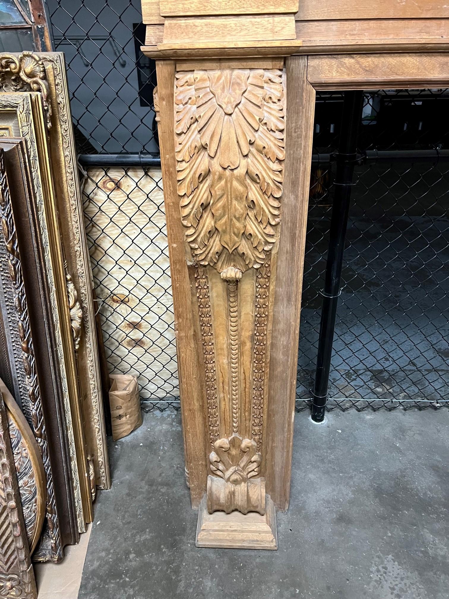 20th Century Oversize Carved Wood Fireplace Mantel with Acanthus Leaf Corbels.   For Sale