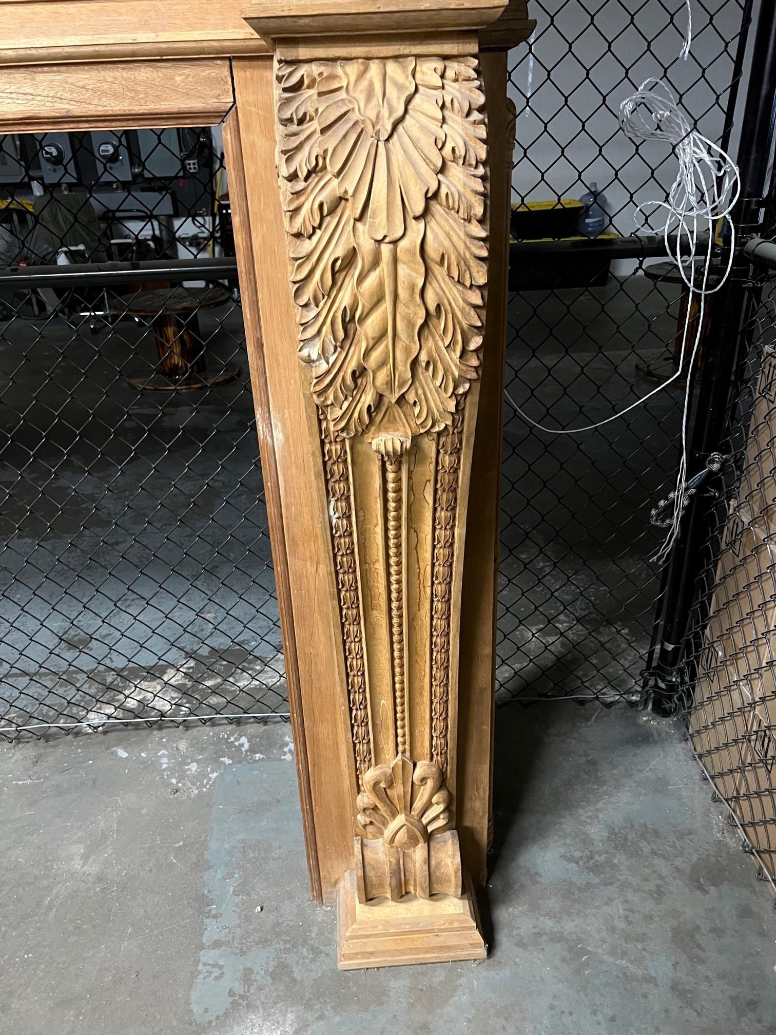Oversize Carved Wood Fireplace Mantel with Acanthus Leaf Corbels.   For Sale 1