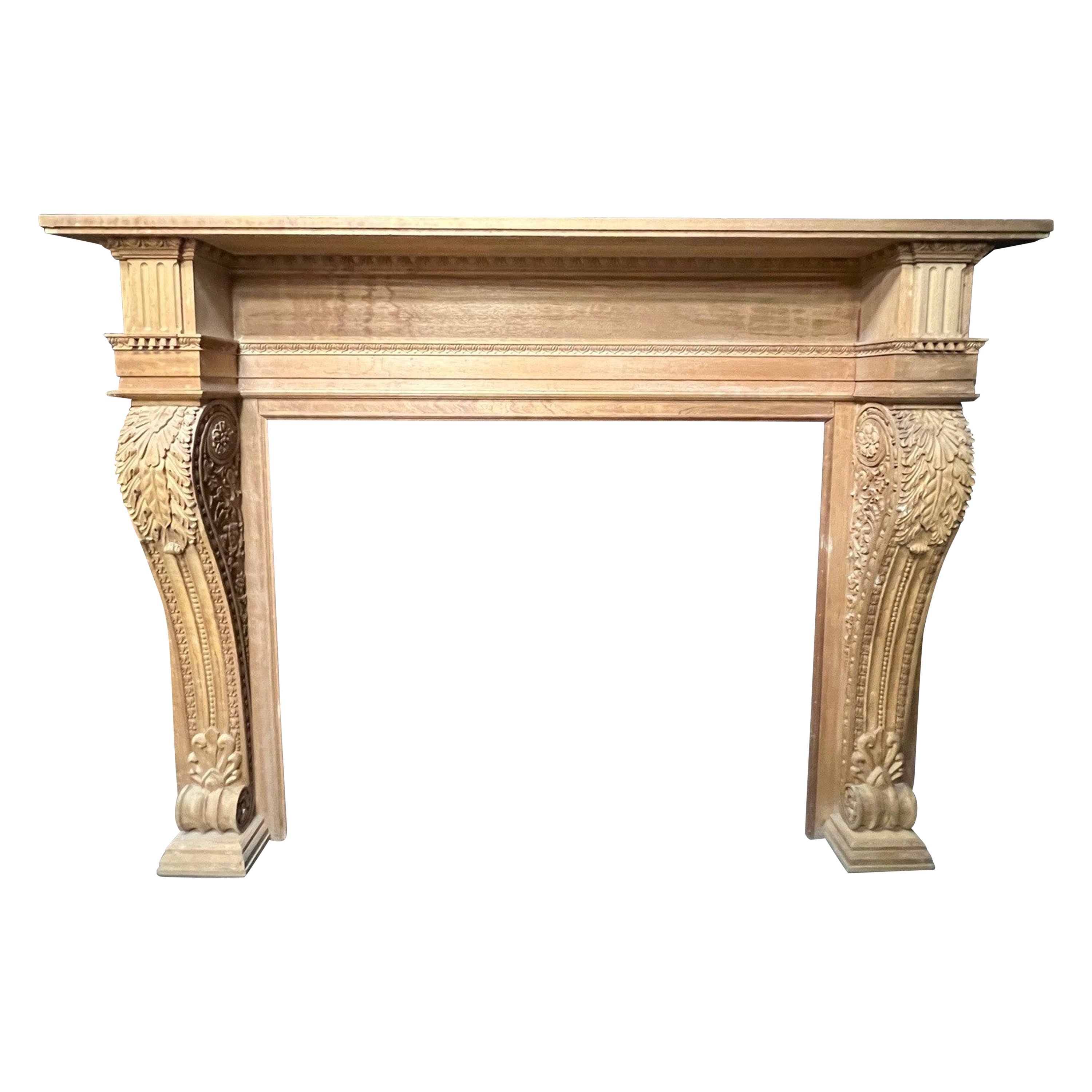 Oversize Carved Wood Fireplace Mantel with Acanthus Leaf Corbels.