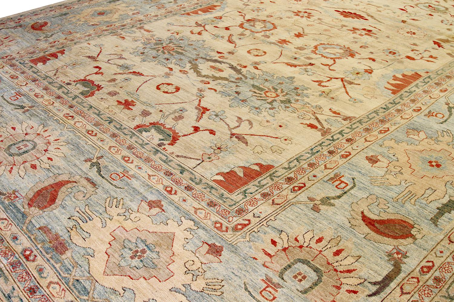 Hand-Woven Oversize Contemporary Turkish Sultanabad Style Rug with Blue and Ivory Florals For Sale
