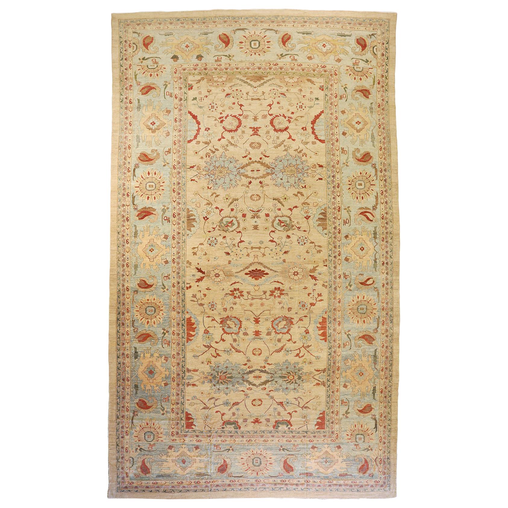 Oversize Contemporary Turkish Sultanabad Style Rug with Blue and Ivory Florals For Sale