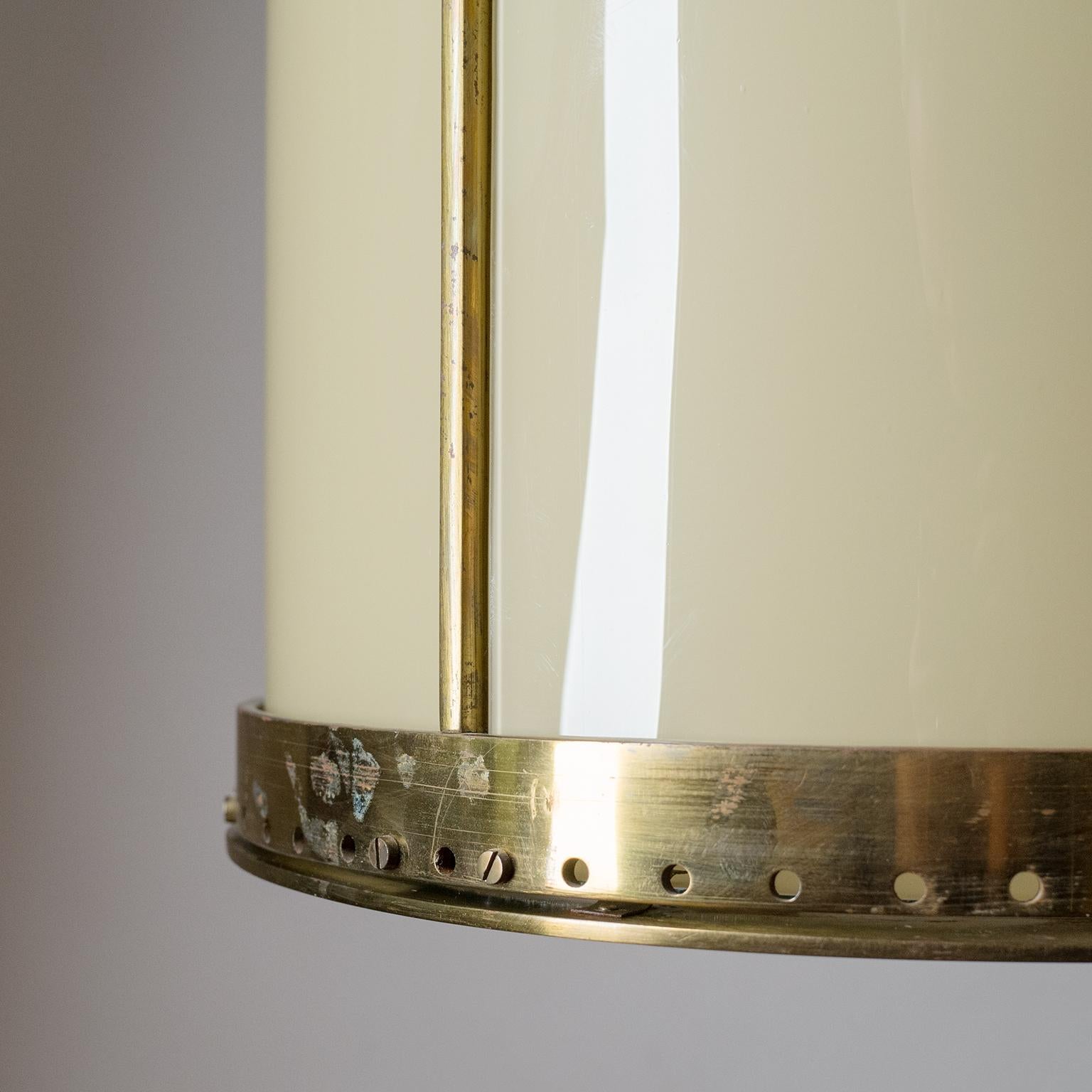 Mid-20th Century Oversize Drum Lantern, 1930s, Sand-Colored Glass and Brass For Sale