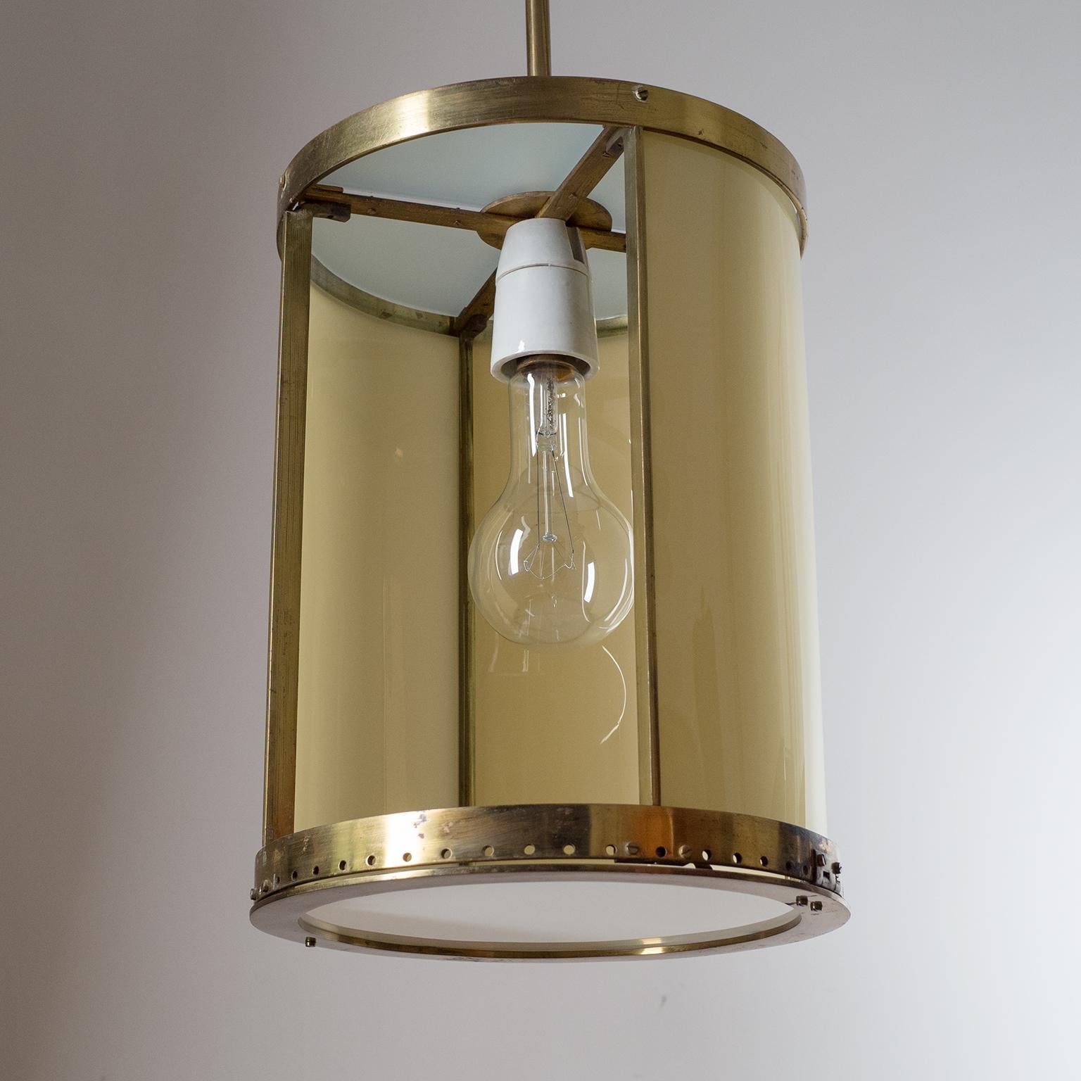 Oversize Drum Lantern, 1930s, Sand-Colored Glass and Brass For Sale 1