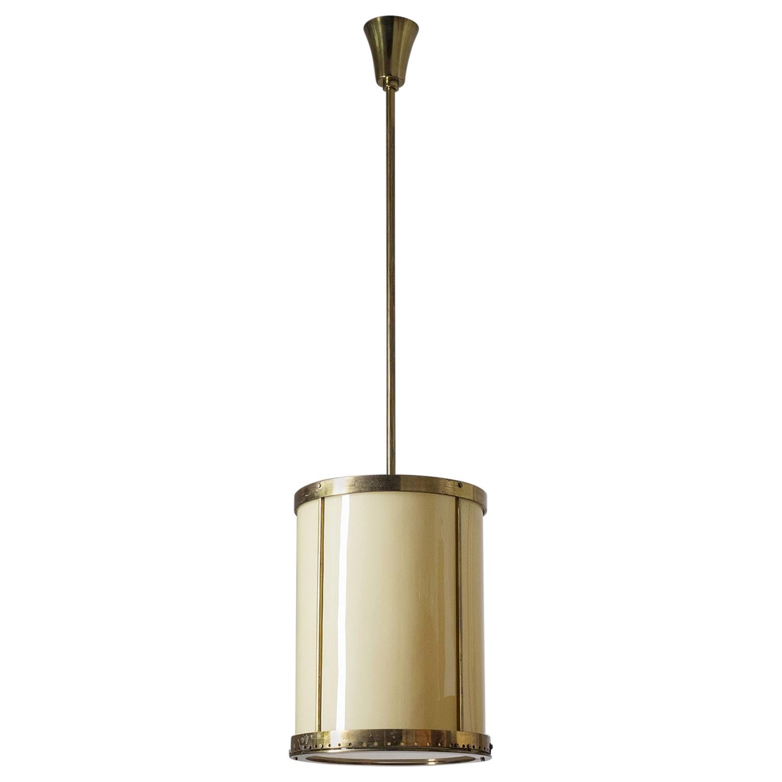 Oversize Drum Lantern, 1930s, Sand-Colored Glass and Brass For Sale