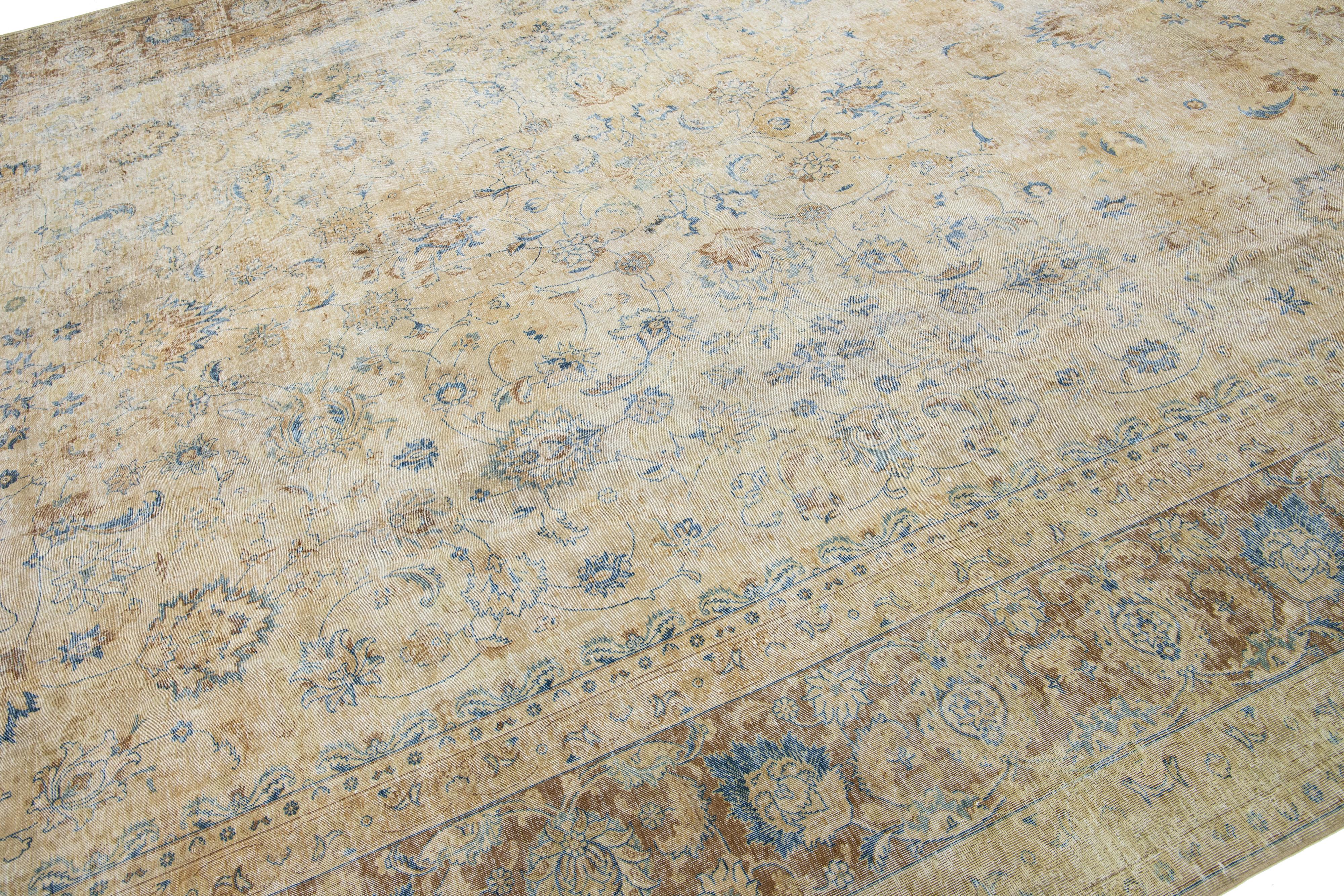 Hand-Knotted Oversize Floral Antique Persian Tabriz Wool Rug Handmade In Beige For Sale