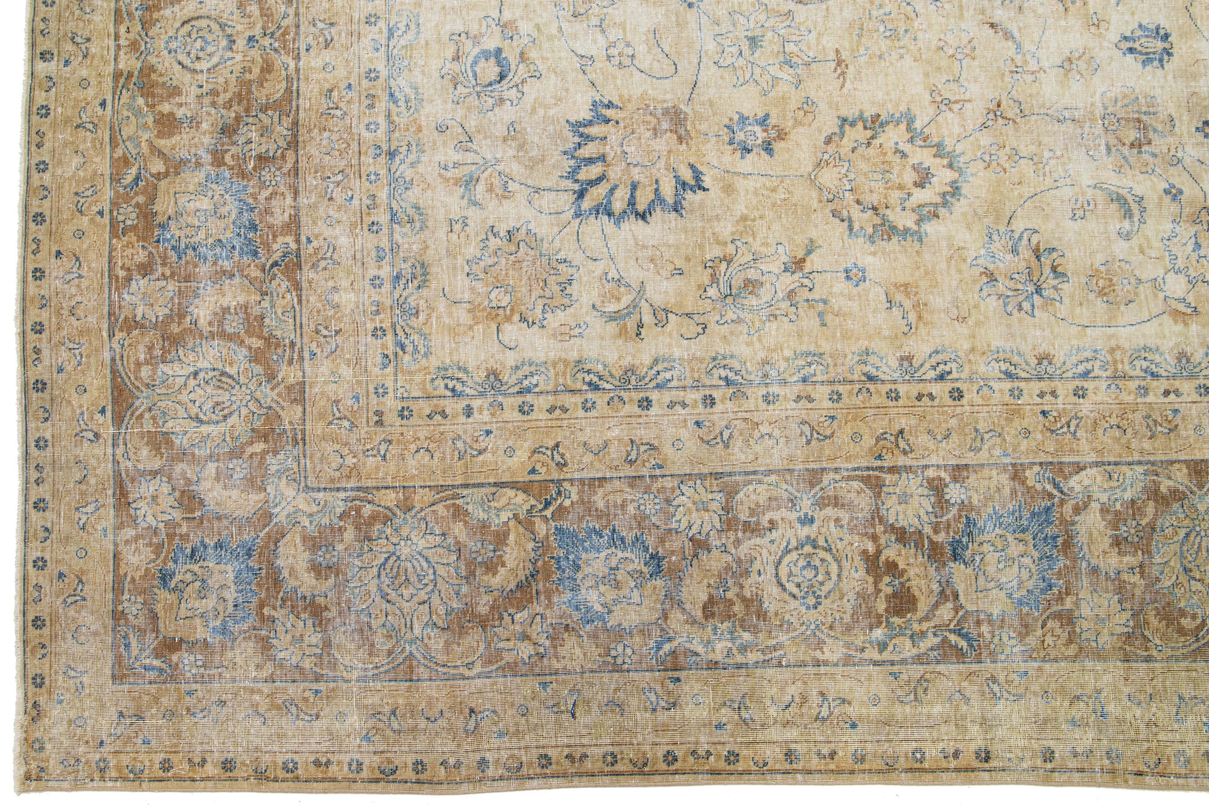 20th Century Oversize Floral Antique Persian Tabriz Wool Rug Handmade In Beige For Sale