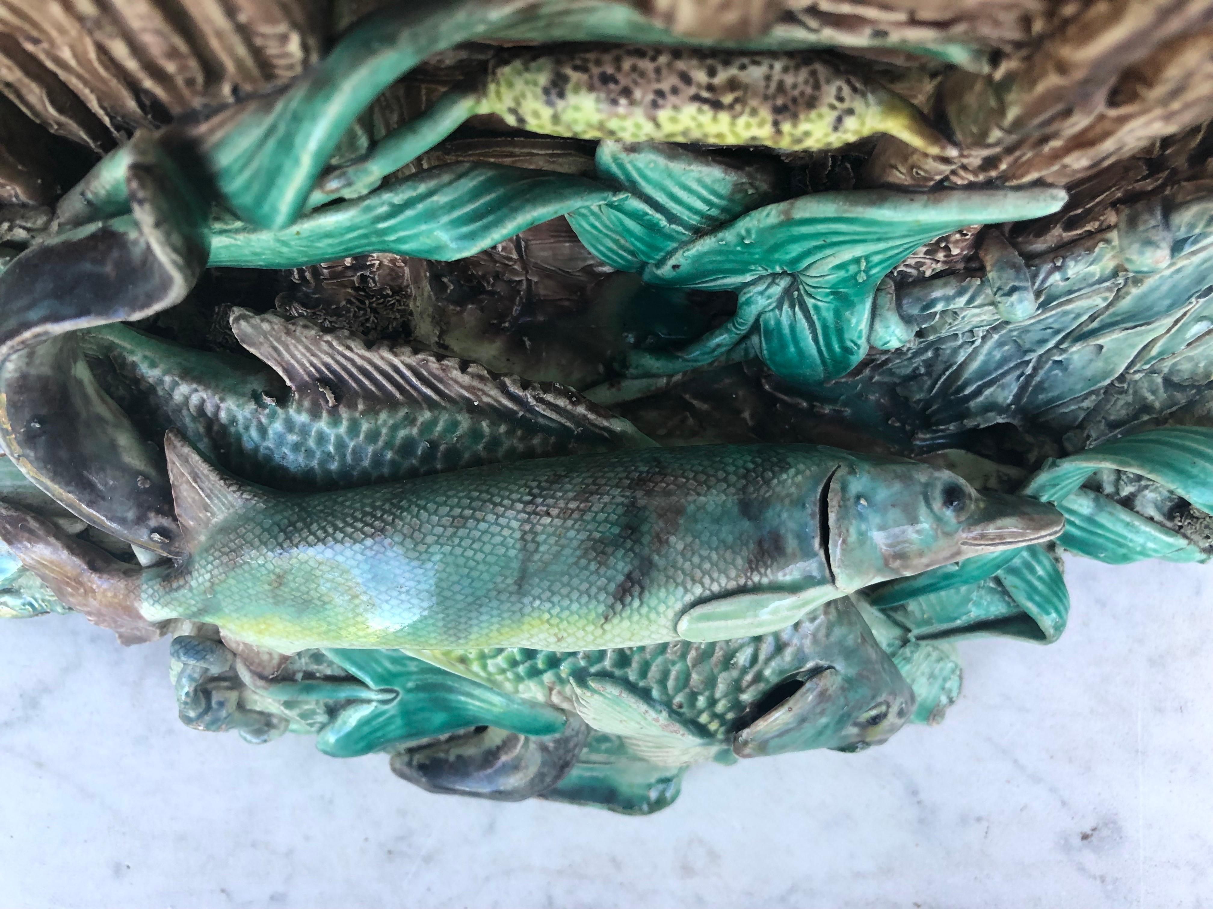 Rustico Jardiniere di pesce Palissy in maiolica francese di grandi dimensioni, 1880 circa in vendita