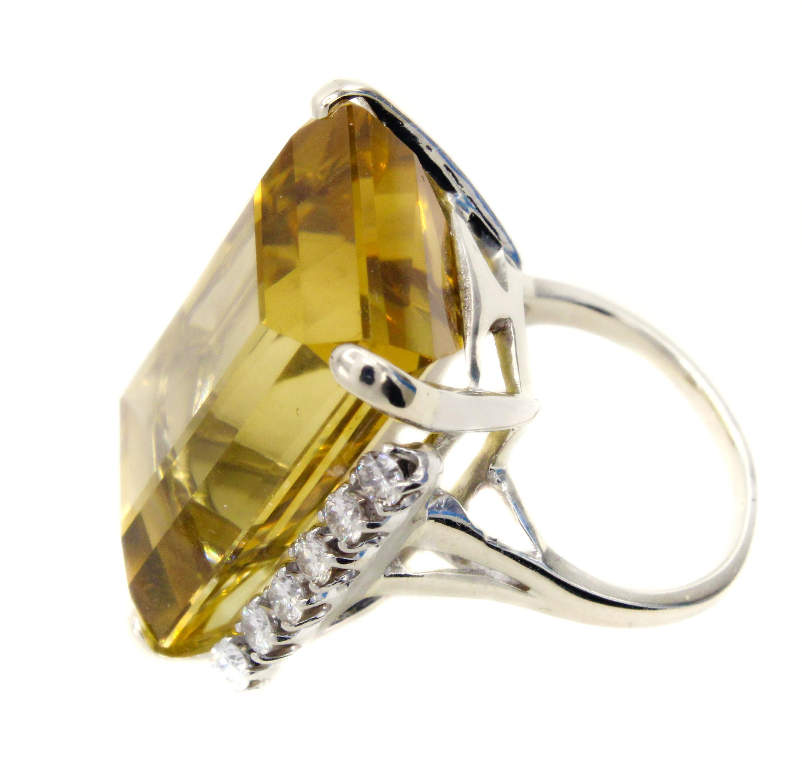 Emerald Cut Oversize Golden Citrine Diamond Gold Ring For Sale