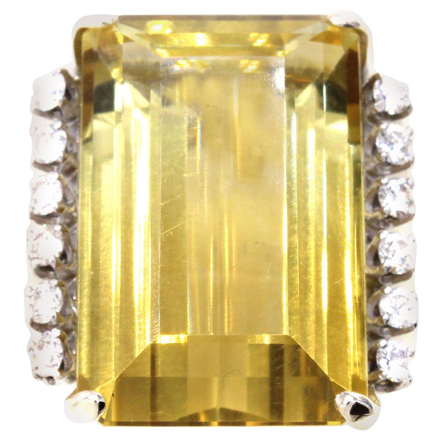 Oversize Golden Citrine Diamond Gold Ring For Sale