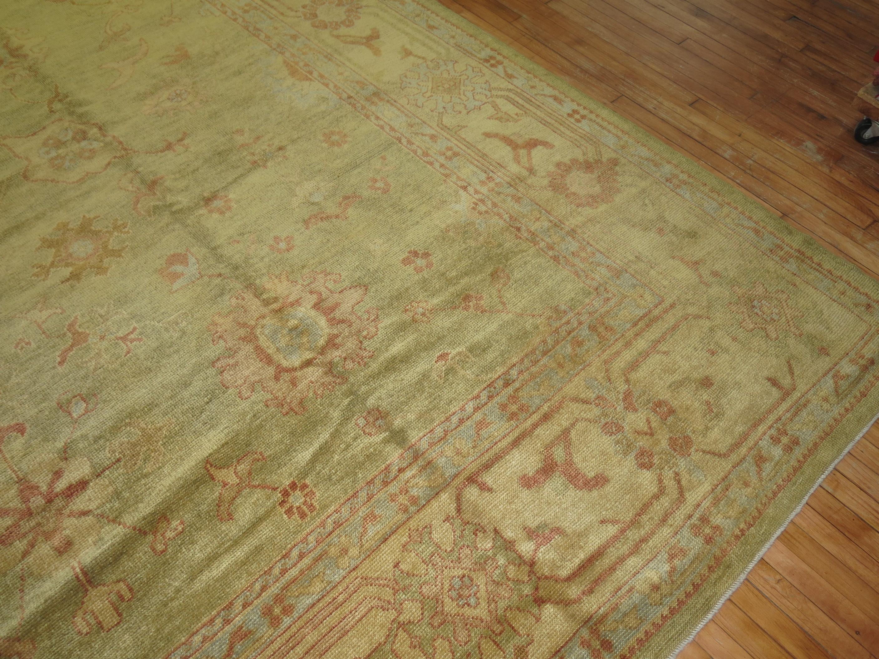 Queen Anne Oversize Green Gold Turkish Oushak Carpet For Sale