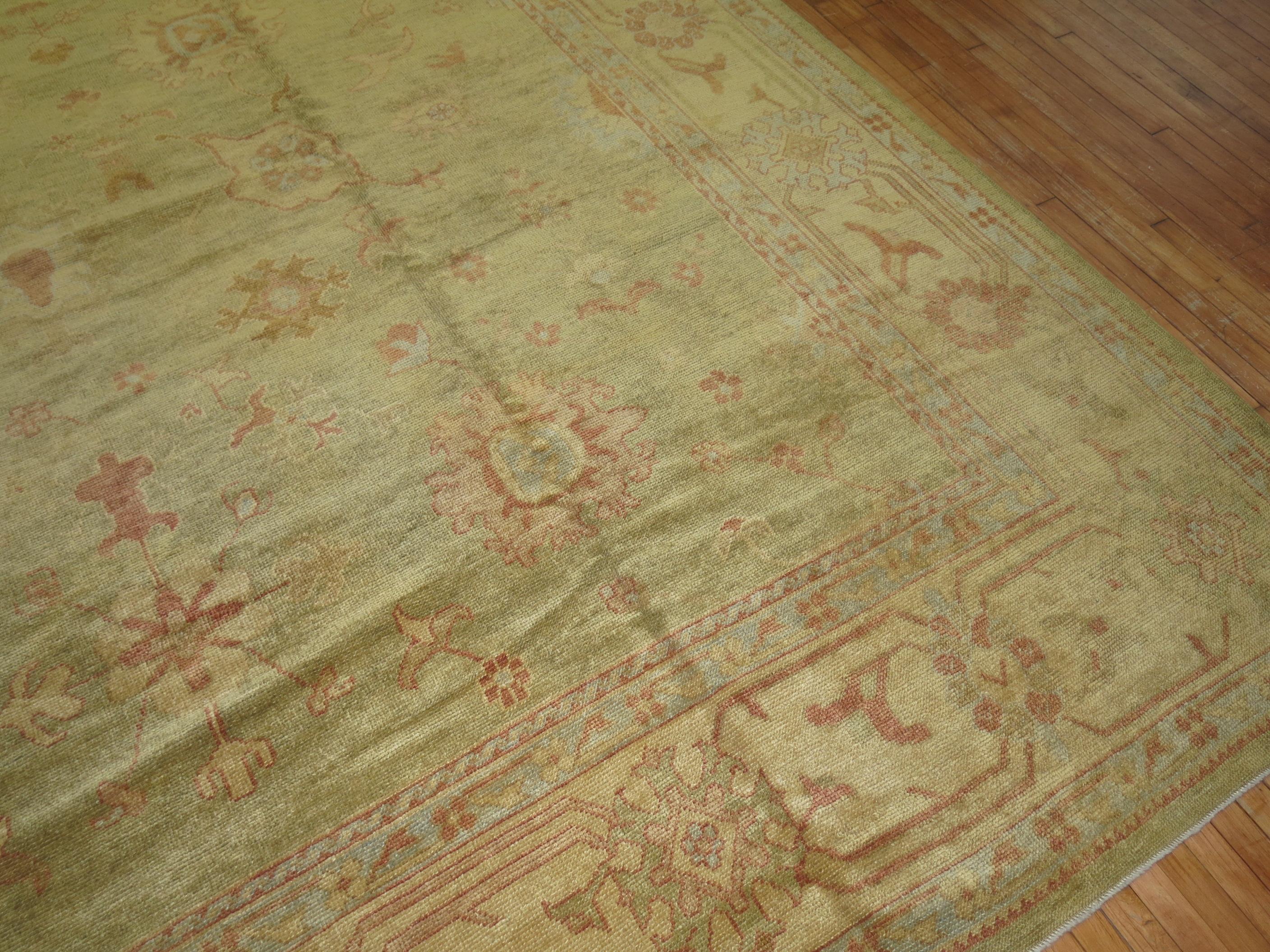 Hand-Woven Oversize Green Gold Turkish Oushak Carpet For Sale