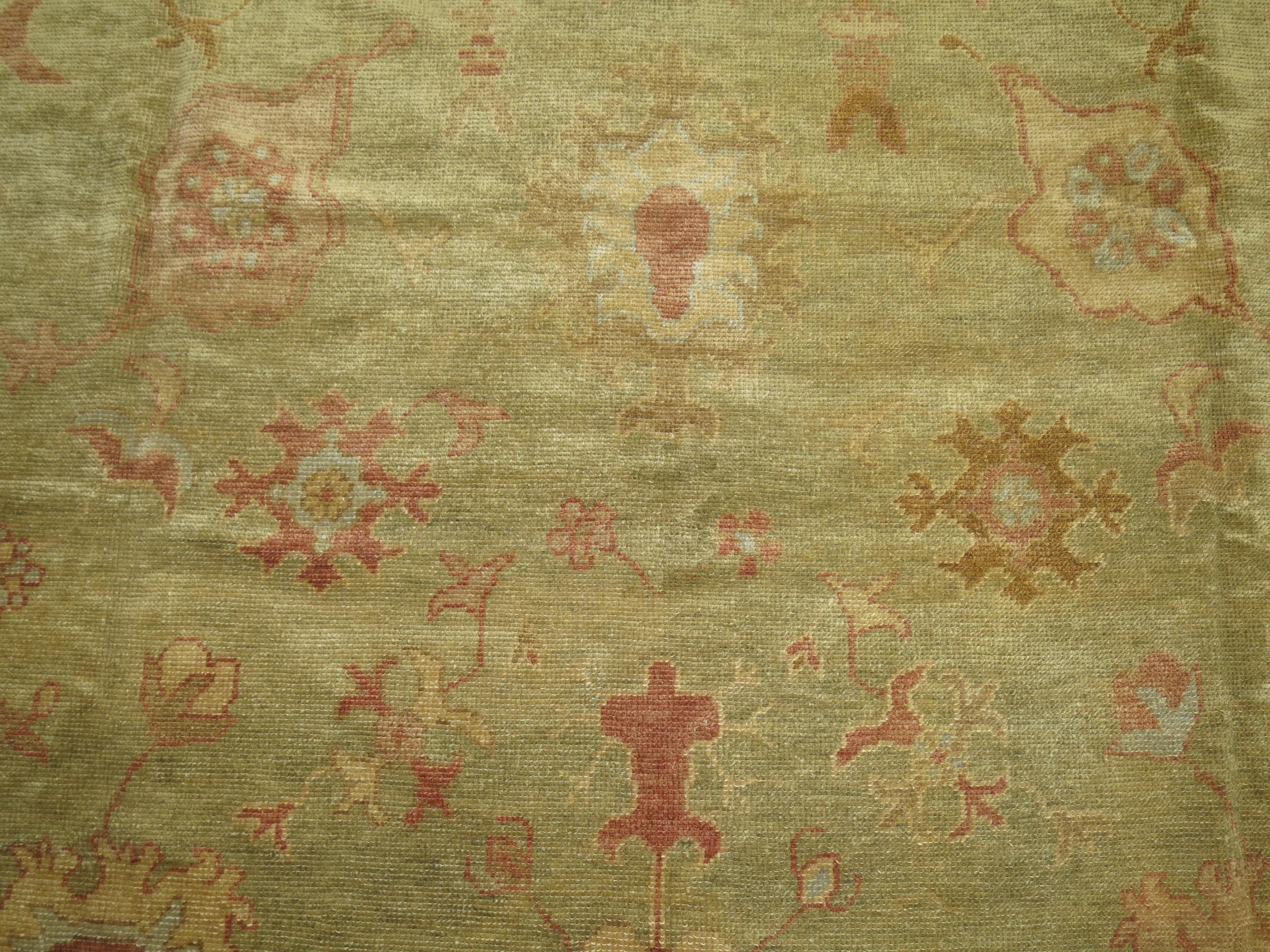 Oversize Green Gold Turkish Oushak Carpet In Excellent Condition For Sale In New York, NY