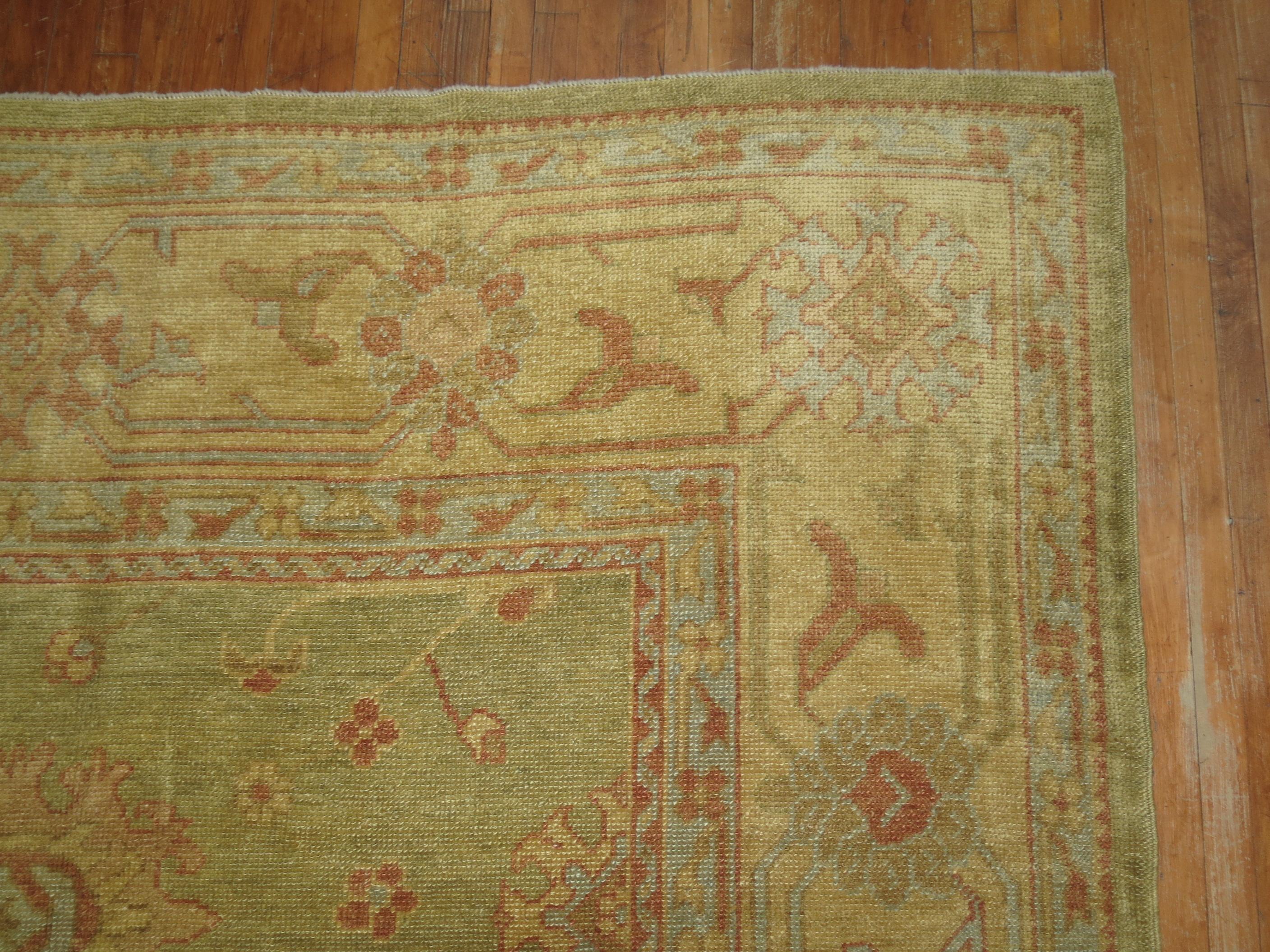Wool Oversize Green Gold Turkish Oushak Carpet For Sale