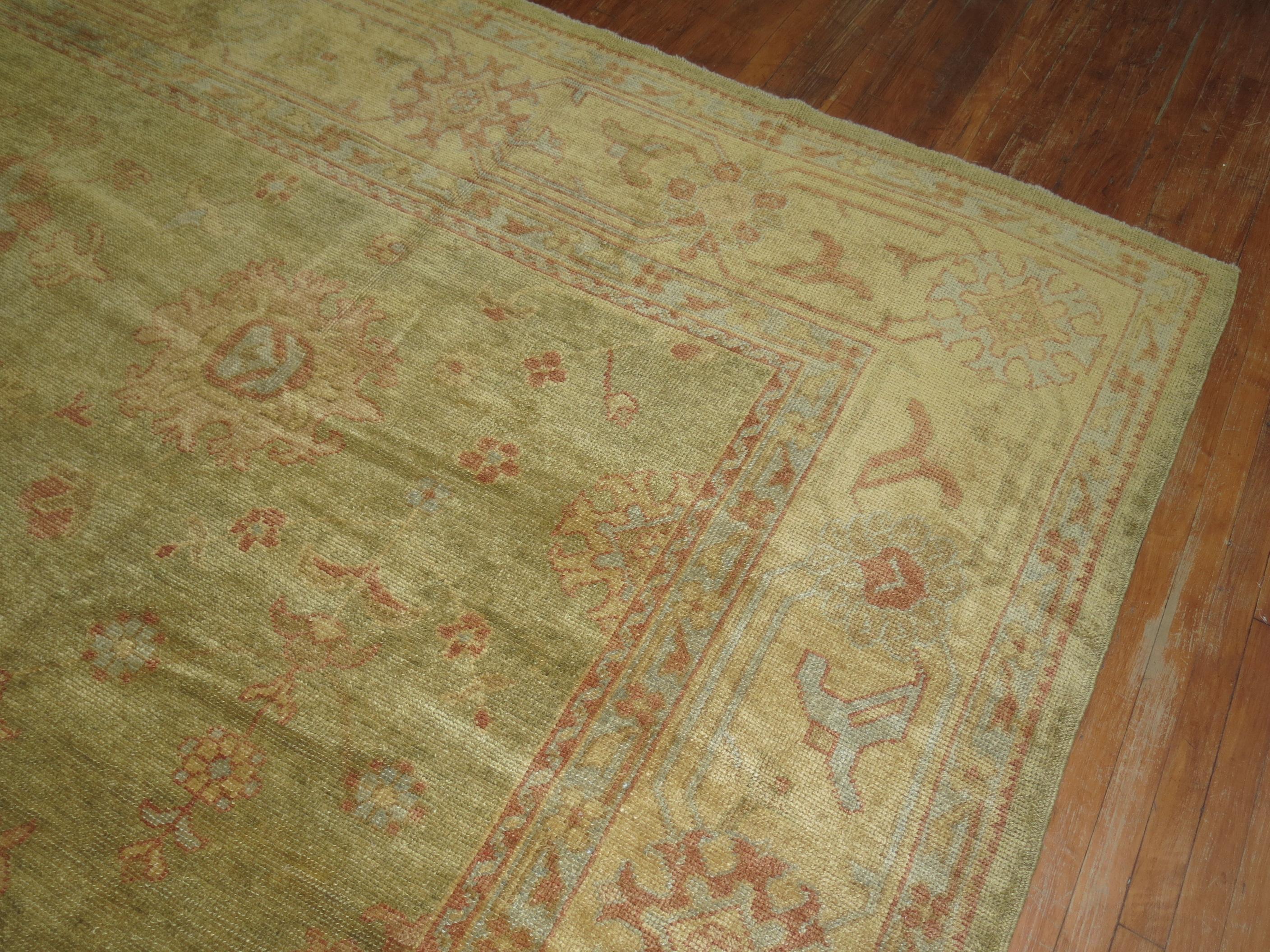 Oversize Green Gold Turkish Oushak Carpet For Sale 1