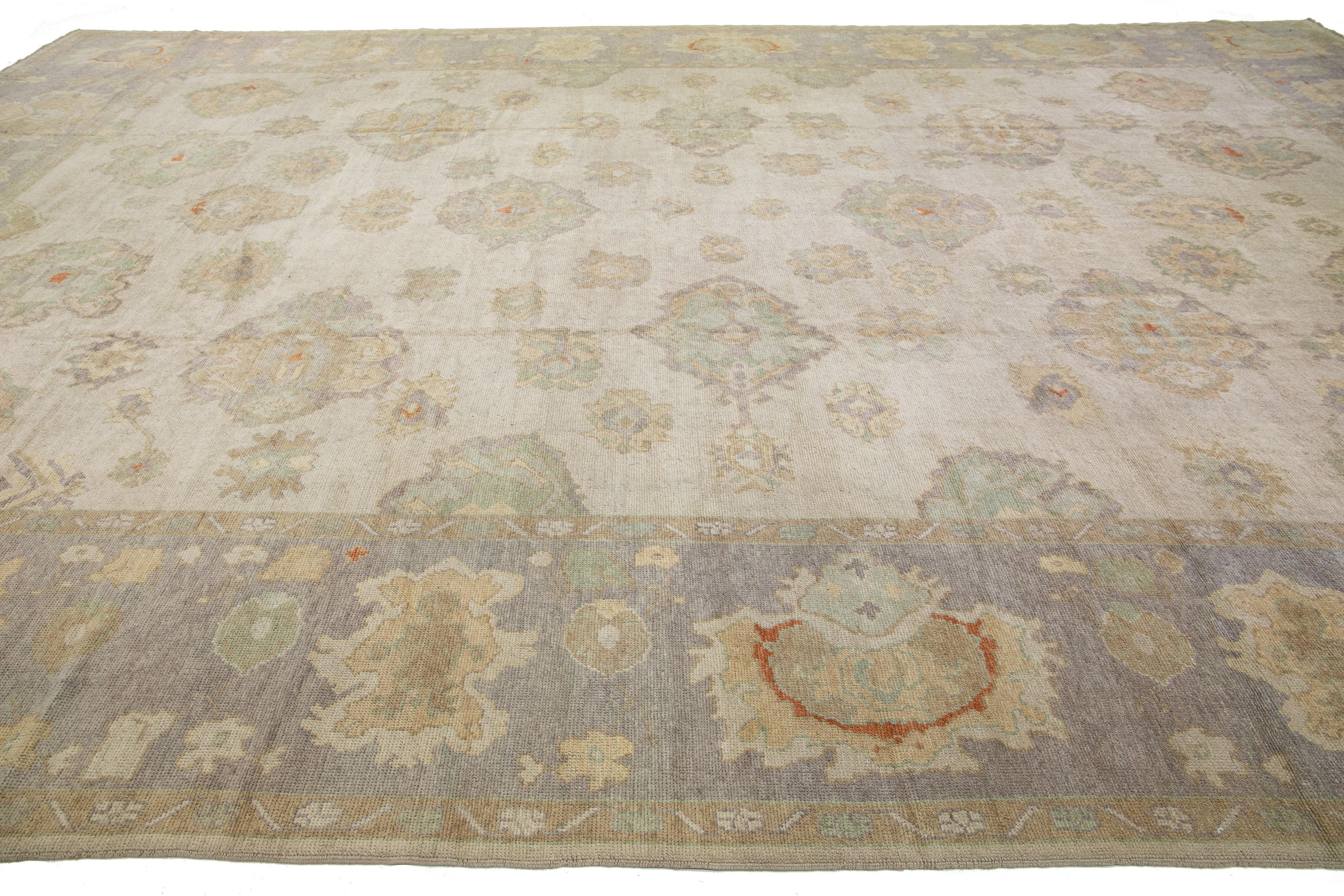Hand-Knotted Oversize Handmade Contemporary Oushak Wool Rug In Beige with Floral Motif For Sale