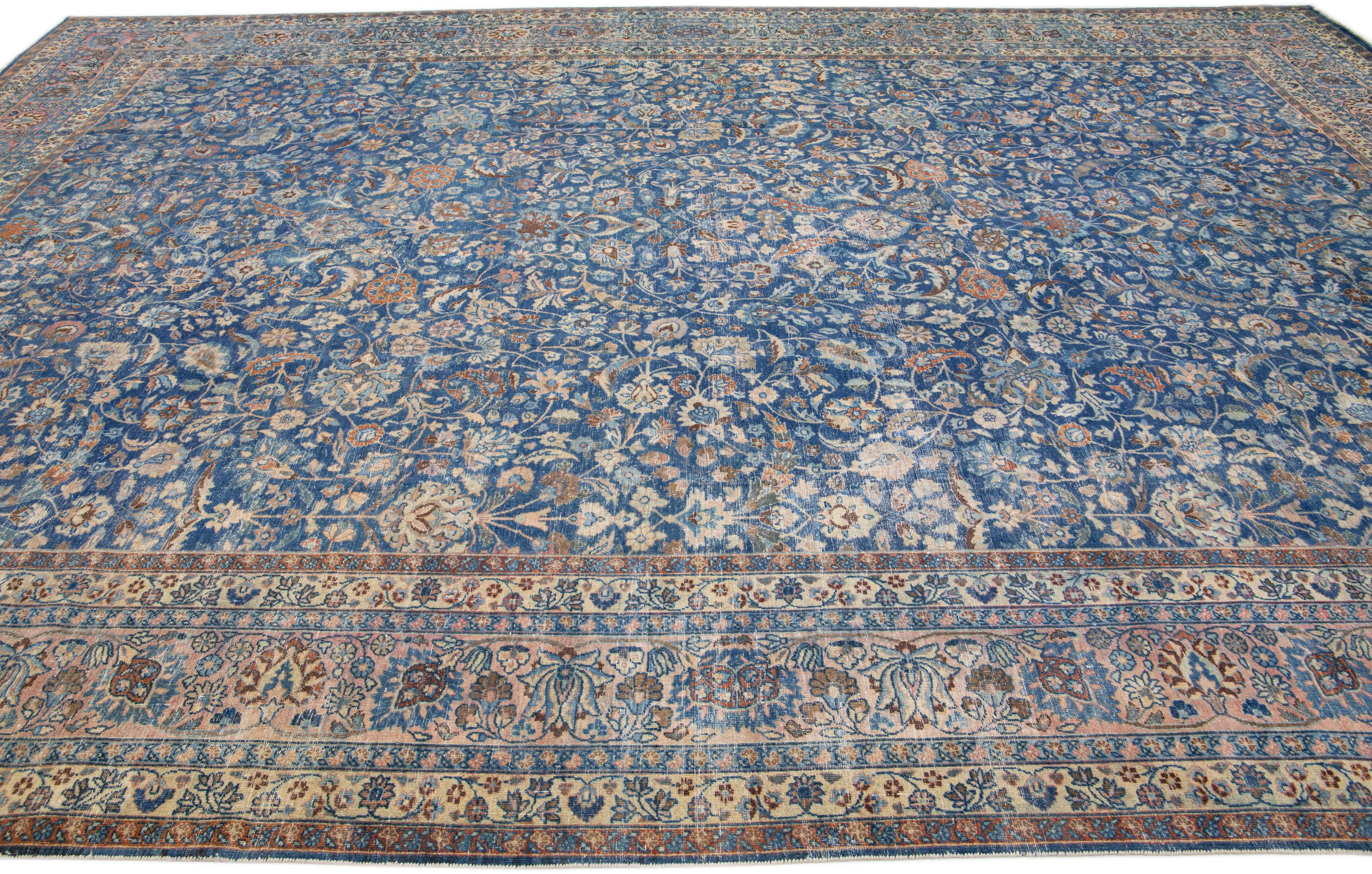 Hand-Knotted Oversize Handmade Floral Persian Mashad Wool Rug in Blue For Sale