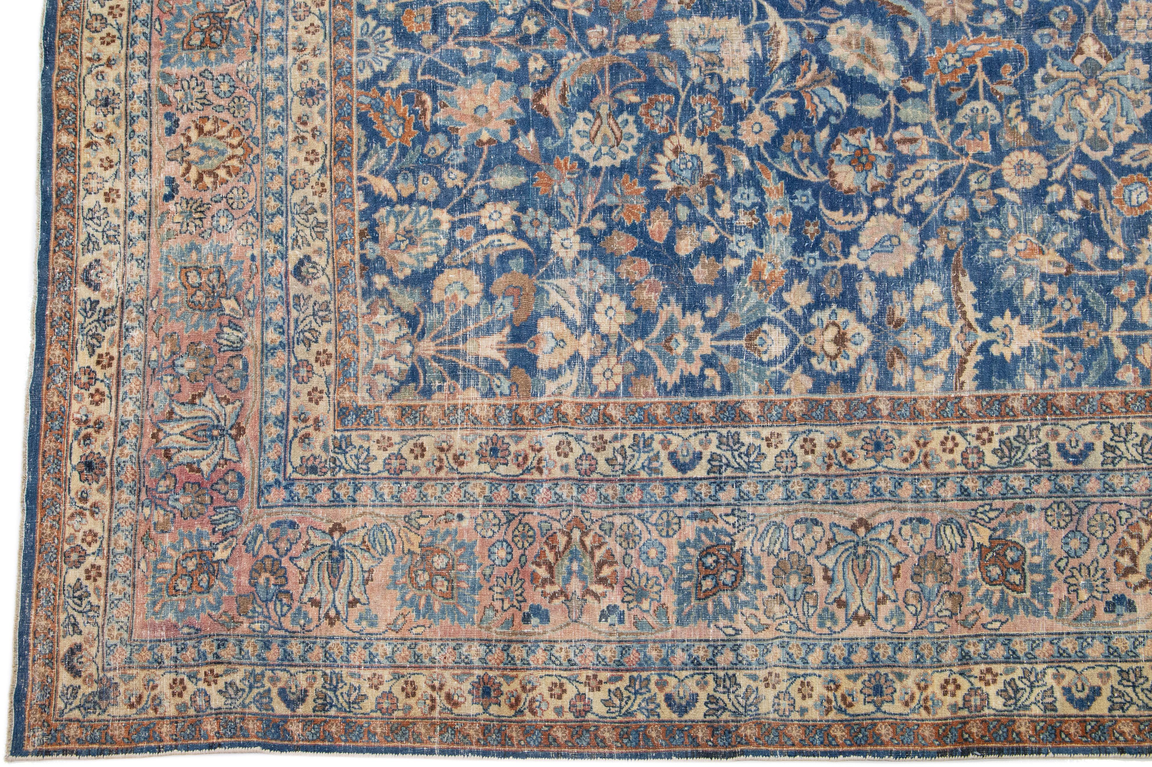 Oversize Handmade Floral Persian Mashad Wool Rug in Blue In Good Condition For Sale In Norwalk, CT
