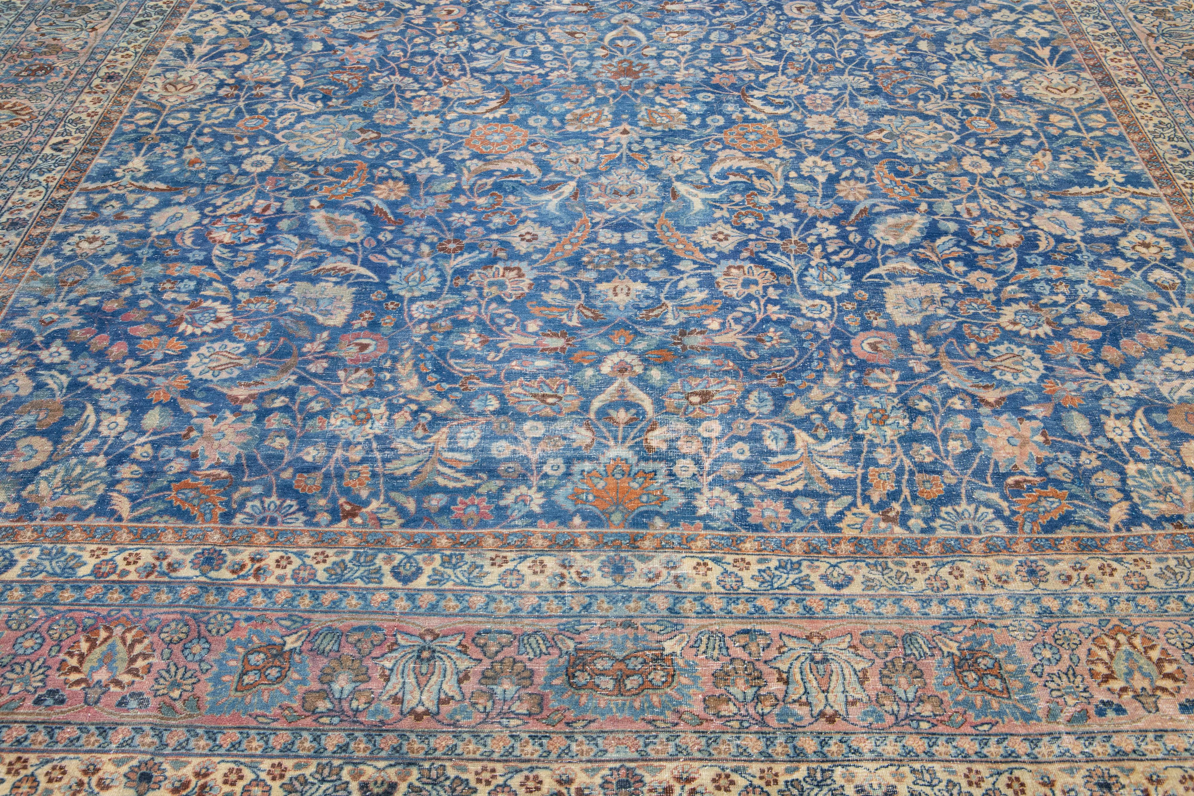 20th Century Oversize Handmade Floral Persian Mashad Wool Rug in Blue For Sale