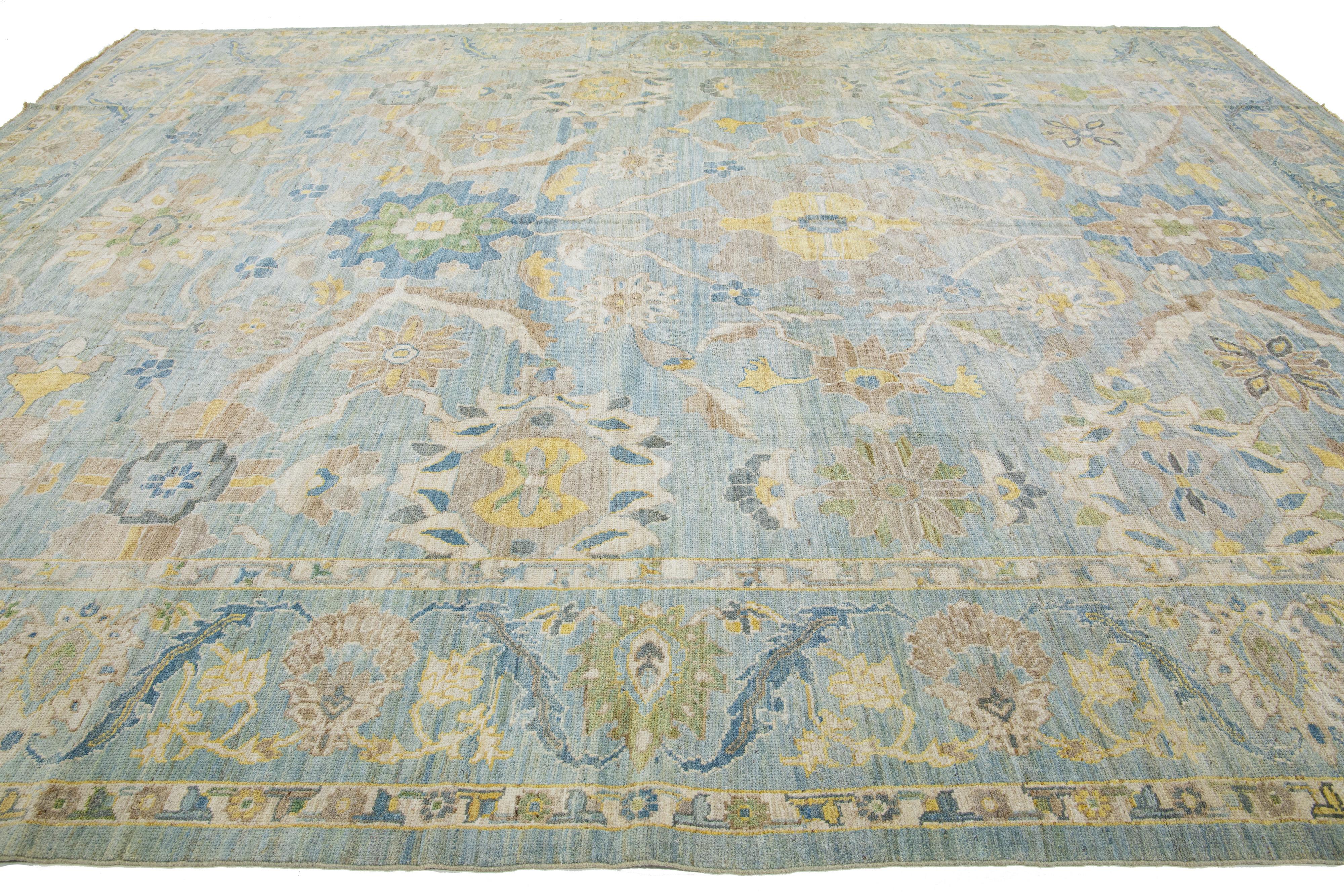 Hand-Knotted Oversize Handmade Sultanabad Floral Wool Rug In Blue For Sale