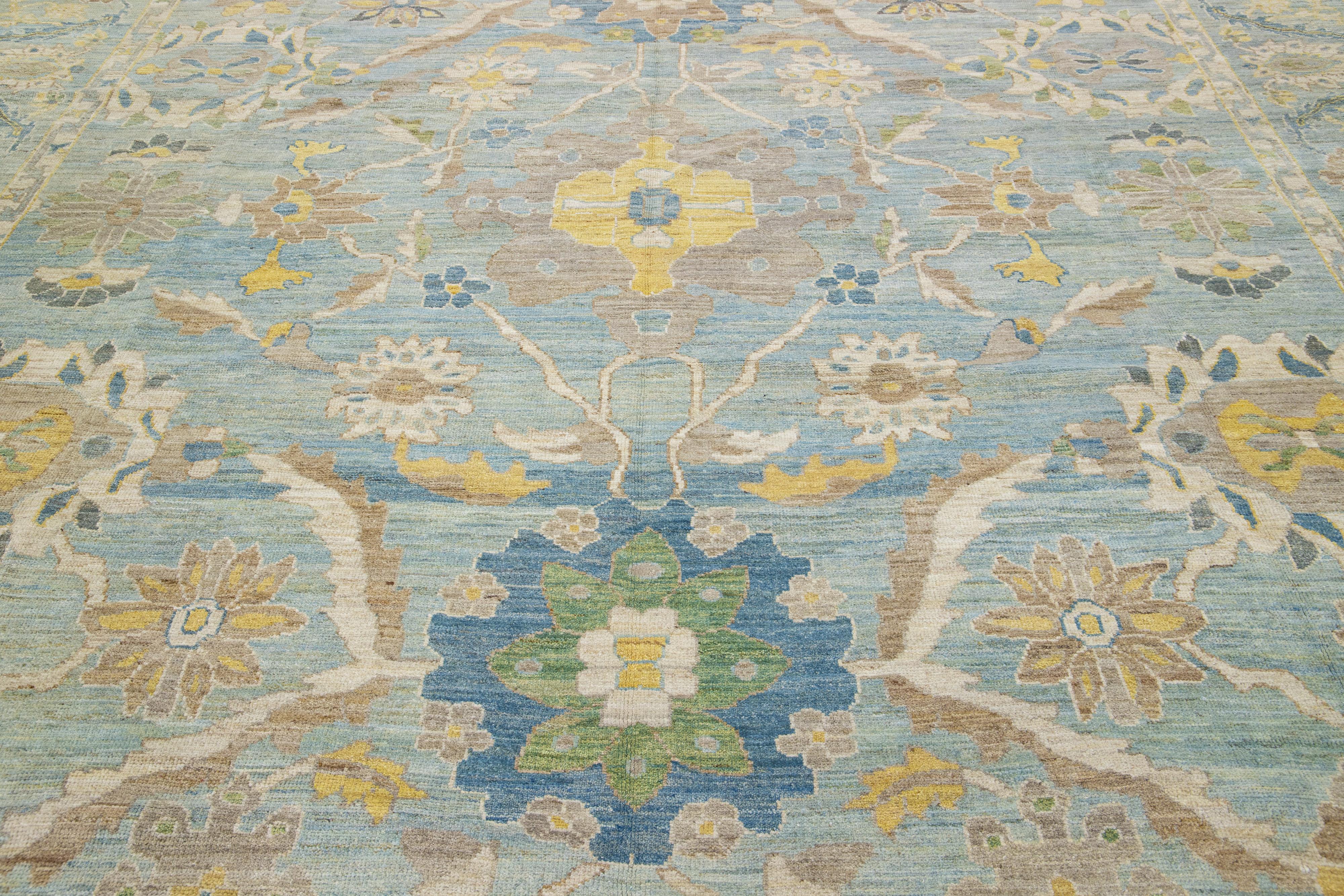 Contemporary Oversize Handmade Sultanabad Floral Wool Rug In Blue For Sale
