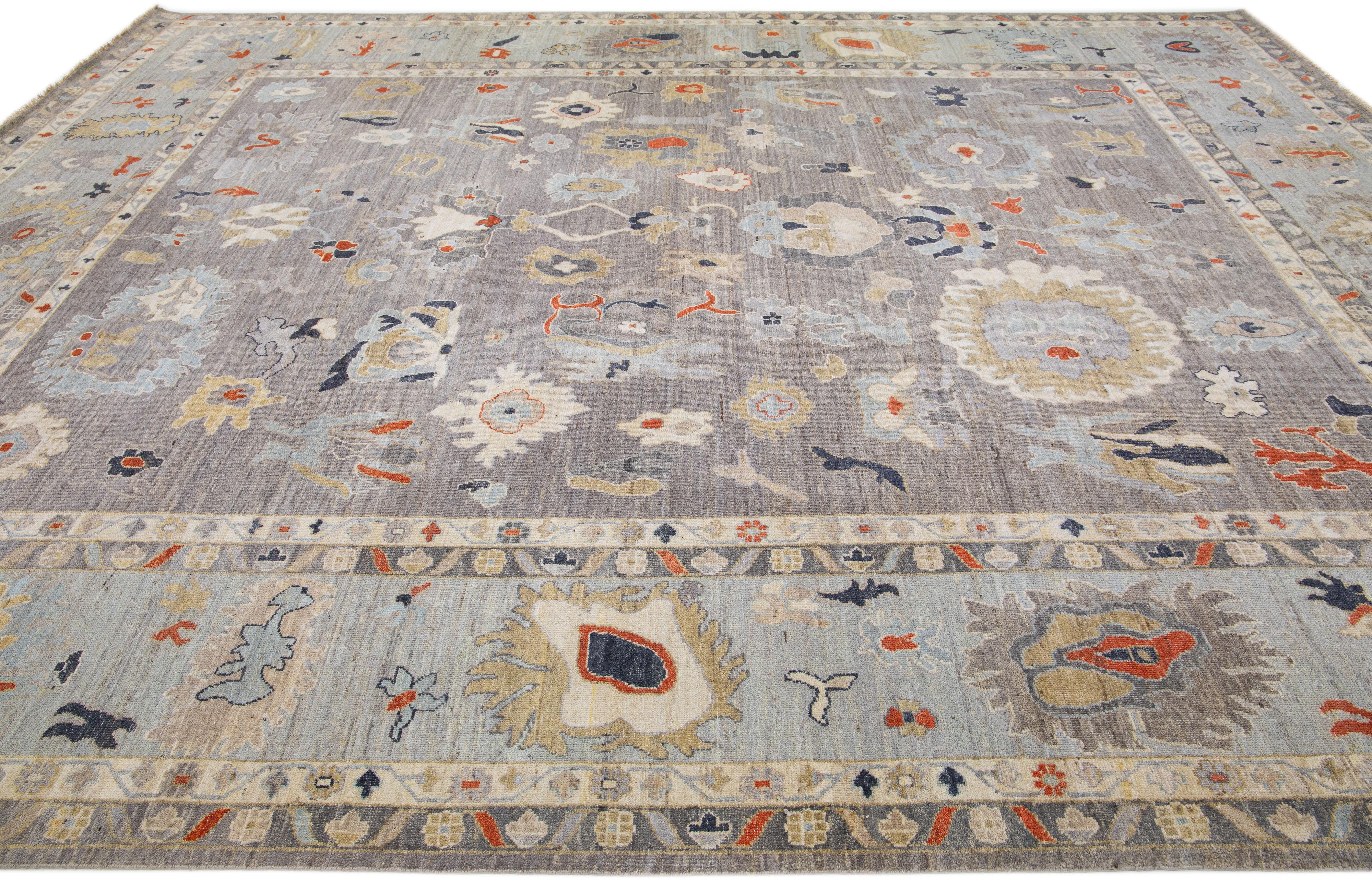 Oversize Indian Hand Knotted Oushak Style Wool Rug in Gray with Allover Motif In New Condition For Sale In Norwalk, CT