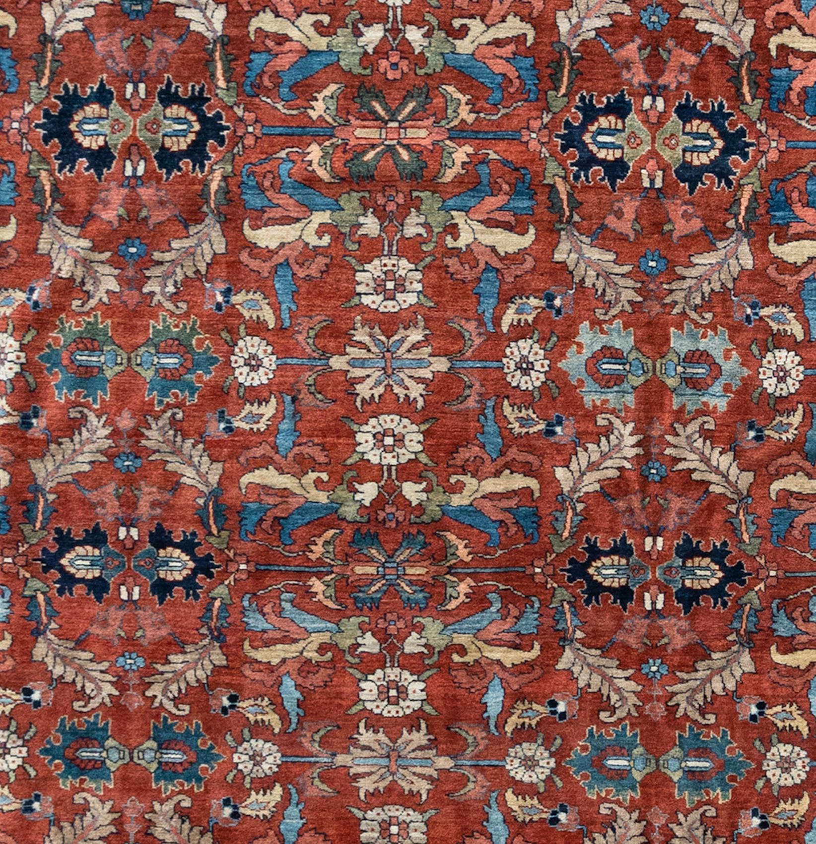 Hand-Knotted Oversize Large Antique Persian Rust Blue Ivory Mahal Ziegler Rug, circa 1940s For Sale
