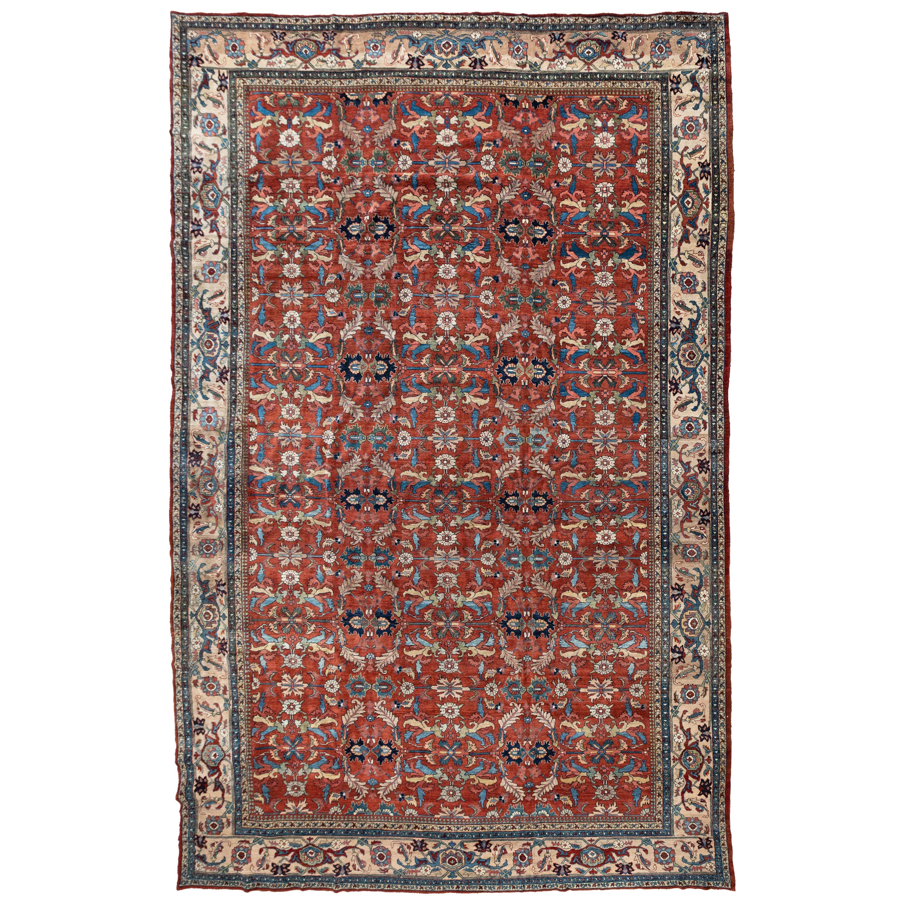 Oversize Large Antique Persian Rust Blue Ivory Mahal Ziegler Rug, circa 1940s For Sale
