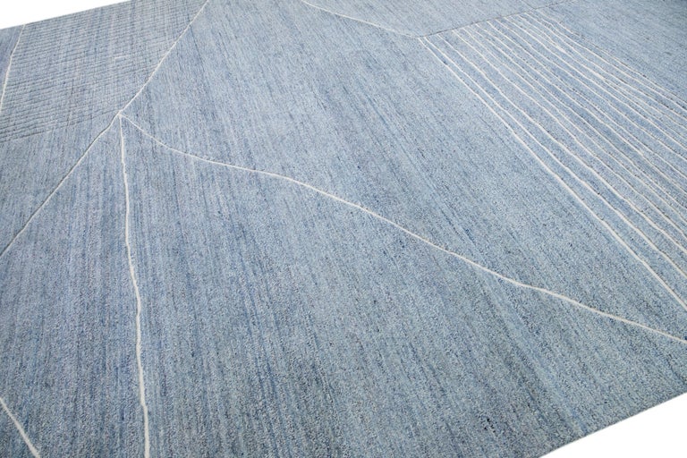 Oversize Light Blue Modern Moroccan Style Handmade Abstract Wool Rug by