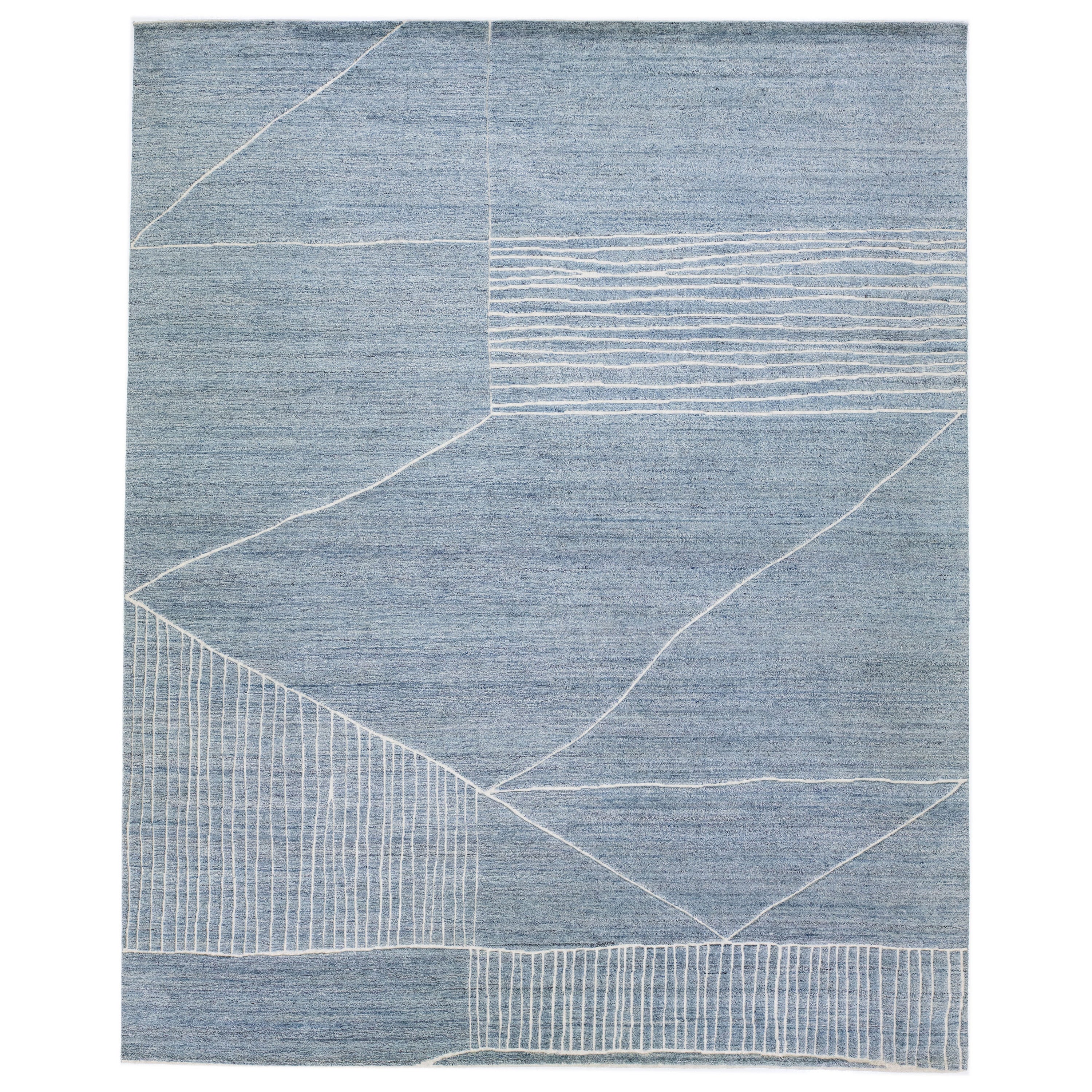 Oversize Light Blue Modern Moroccan Style Handmade Abstract Wool Rug by Apadana