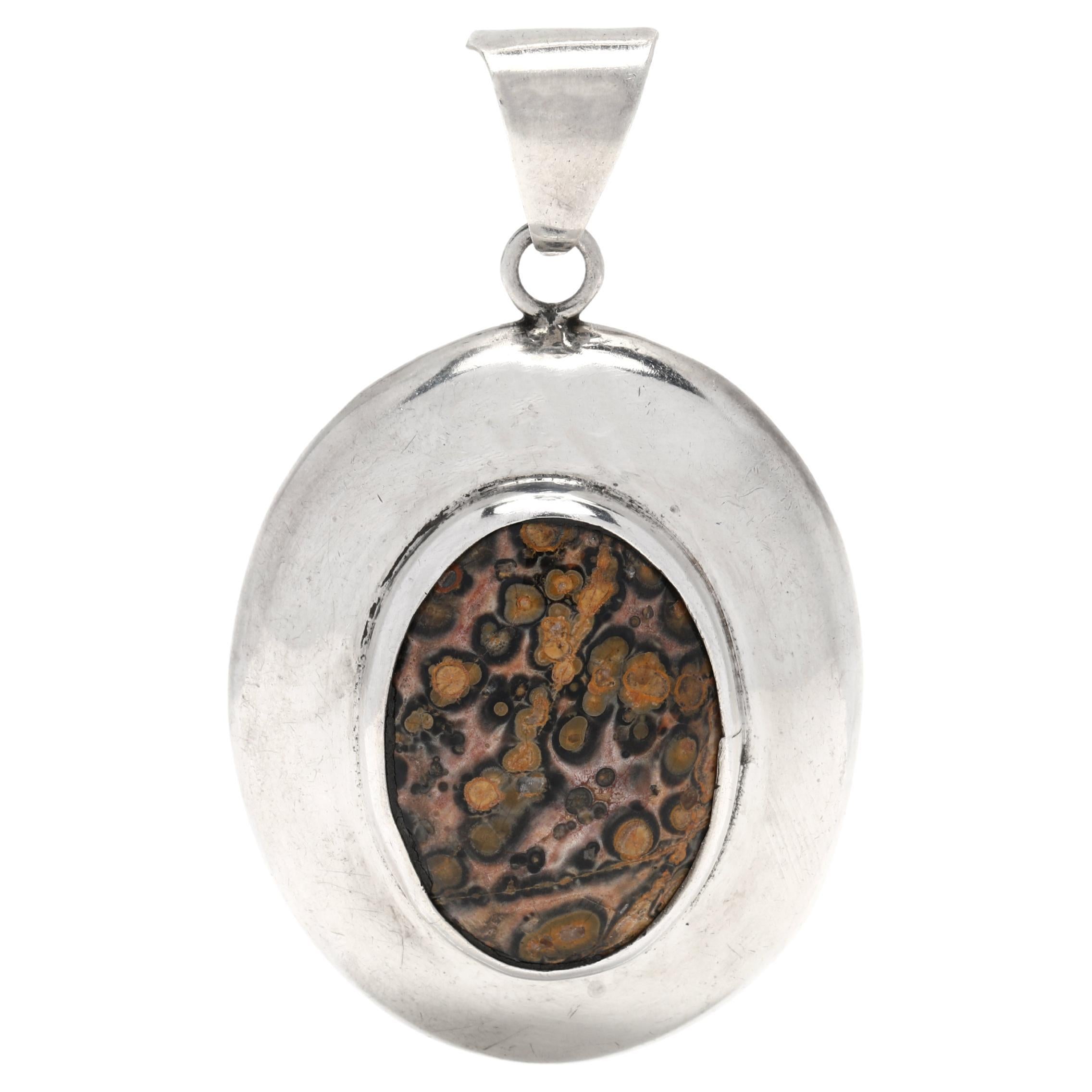 Oversize Mexican Oval Agate Pendant, Sterling Silver, Vintage For Sale