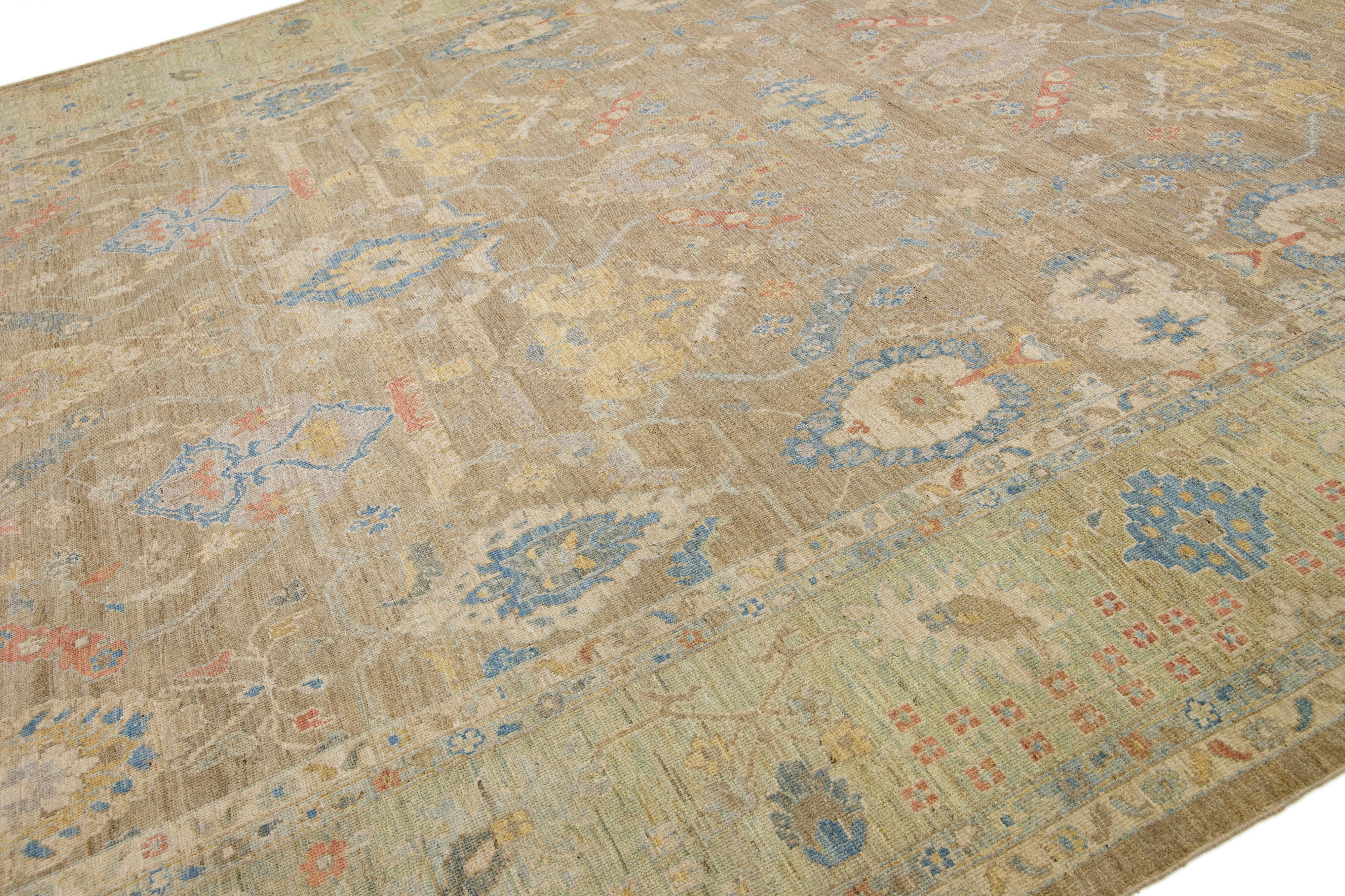 Pakistani Oversize Modern Floral Sultanabad Wool Rug with Brown Field For Sale