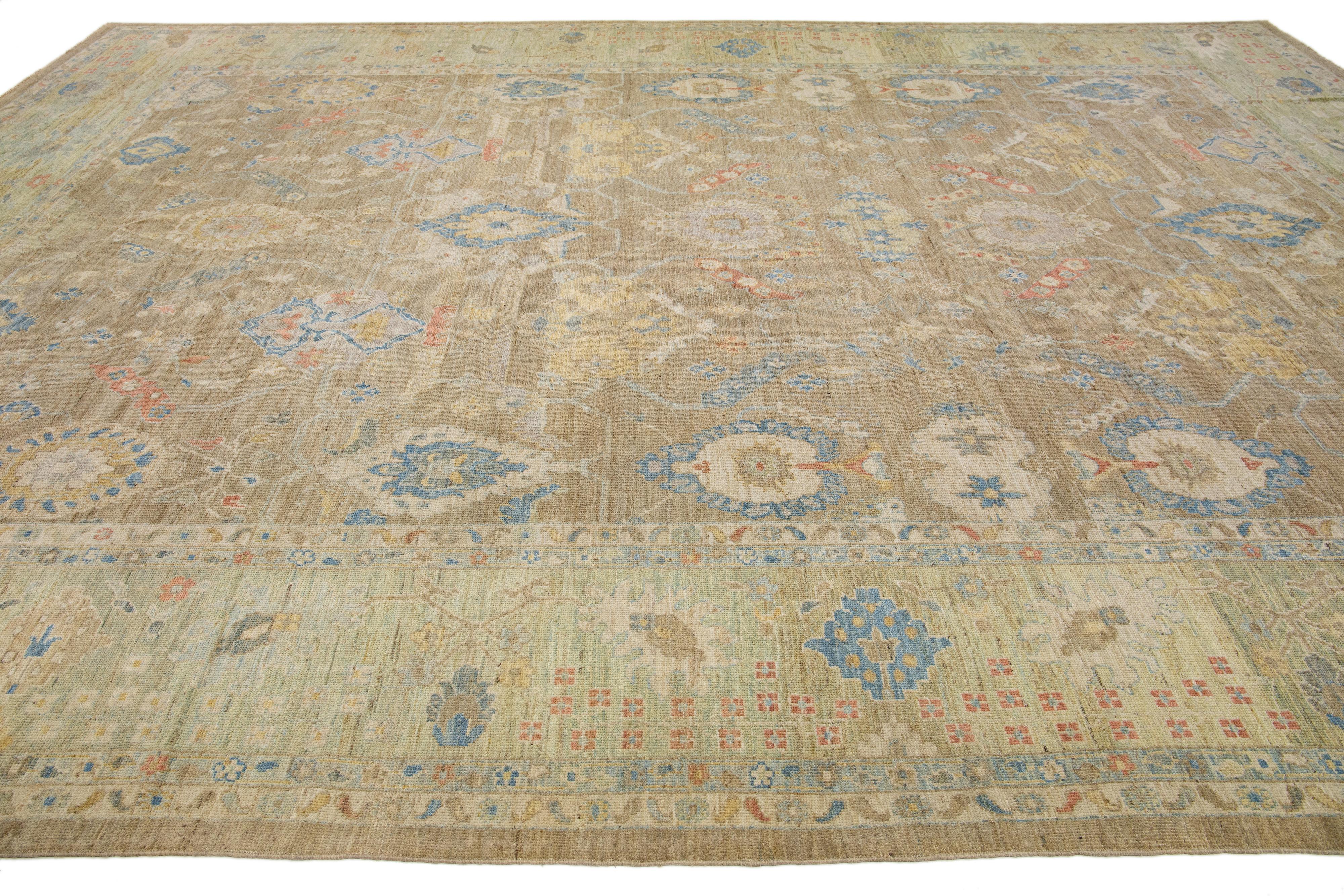 Hand-Knotted Oversize Modern Floral Sultanabad Wool Rug with Brown Field For Sale
