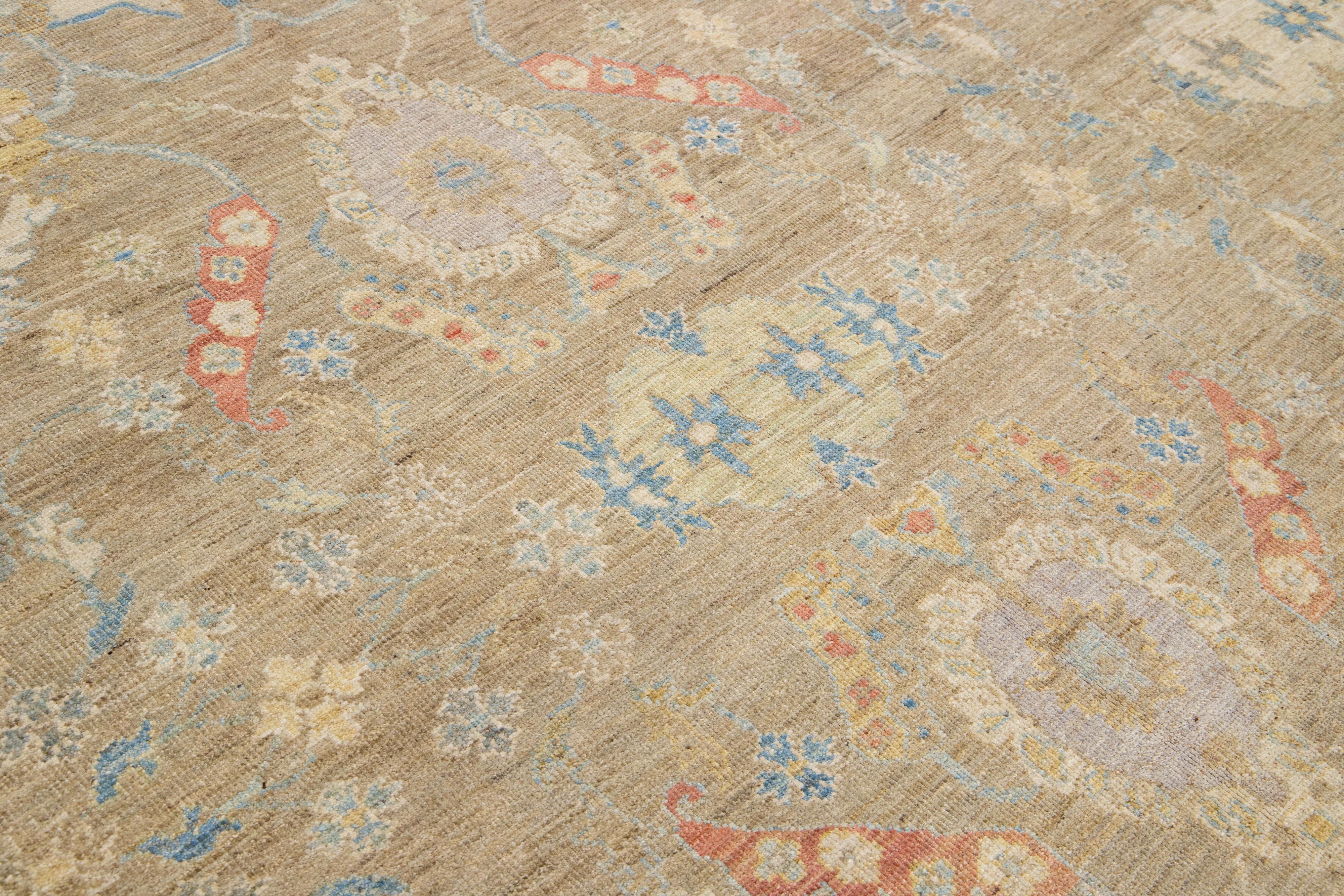 Oversize Modern Floral Sultanabad Wool Rug with Brown Field For Sale 1