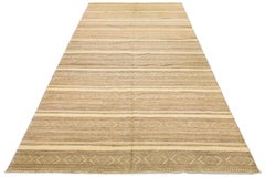 Oversize Modern Gabbeh Beige Wool Rug with Geometric Pattern