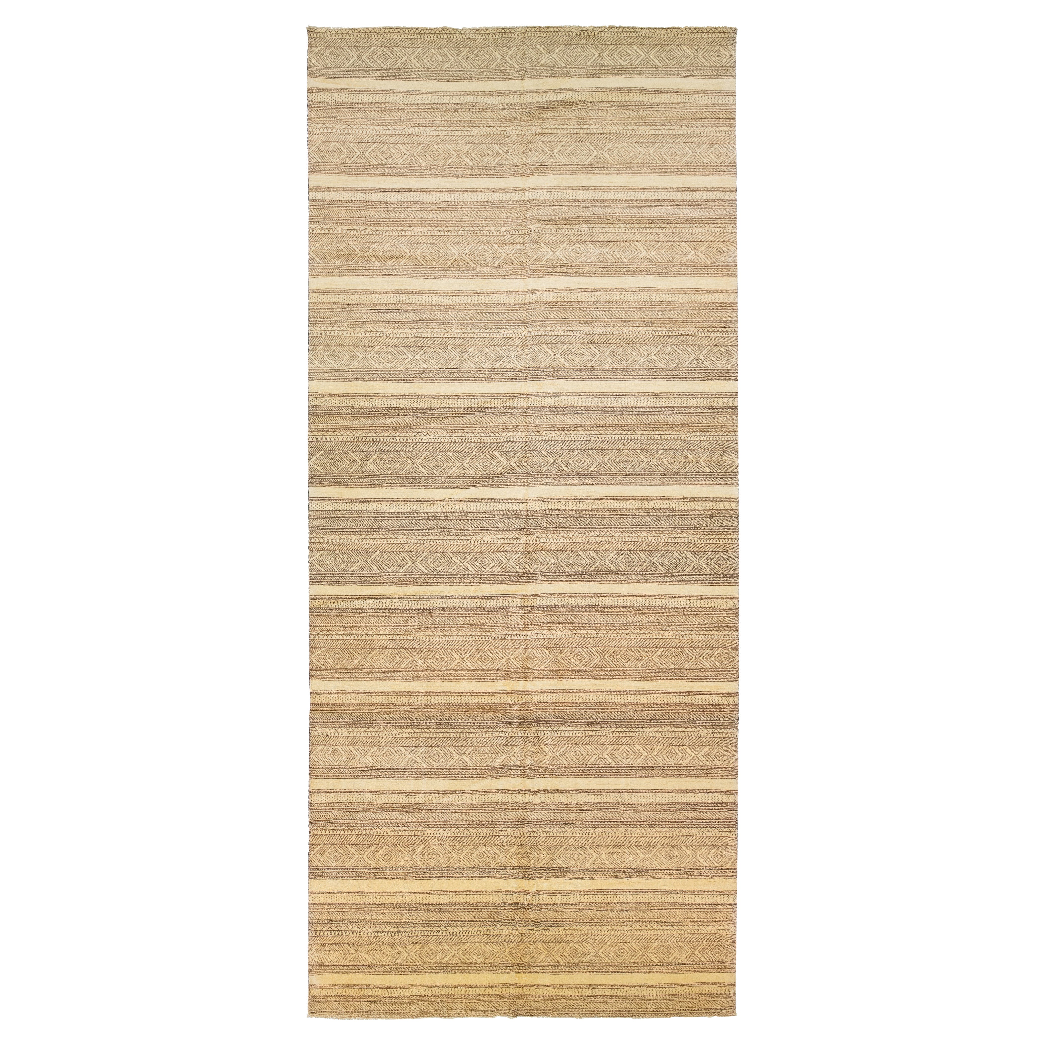 Tappeto moderno oversize Gabbeh in lana beige con motivo geometrico