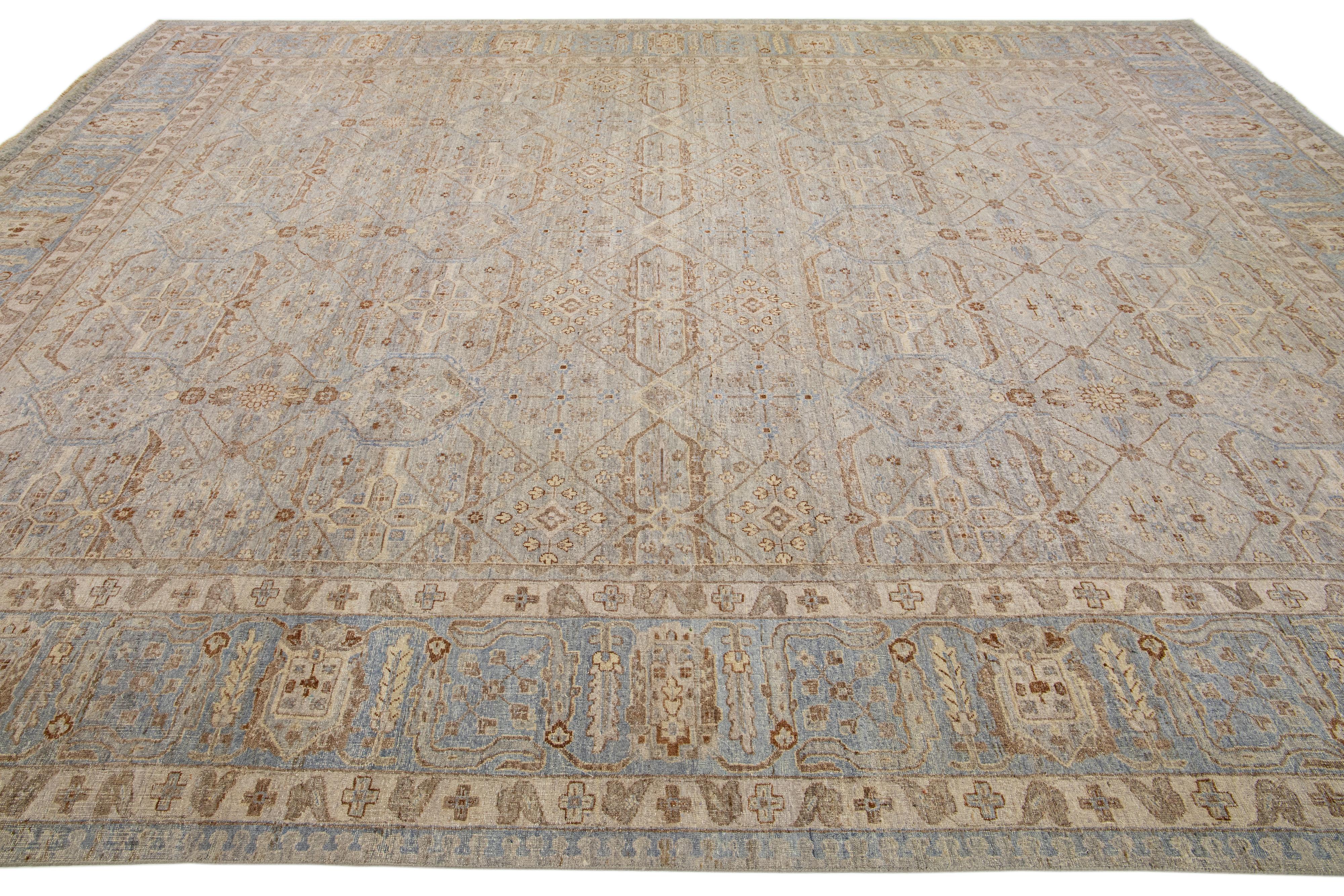 Contemporary Oversize Modern Indian Handmade Geometric Blue Wool Rug by Apadana For Sale