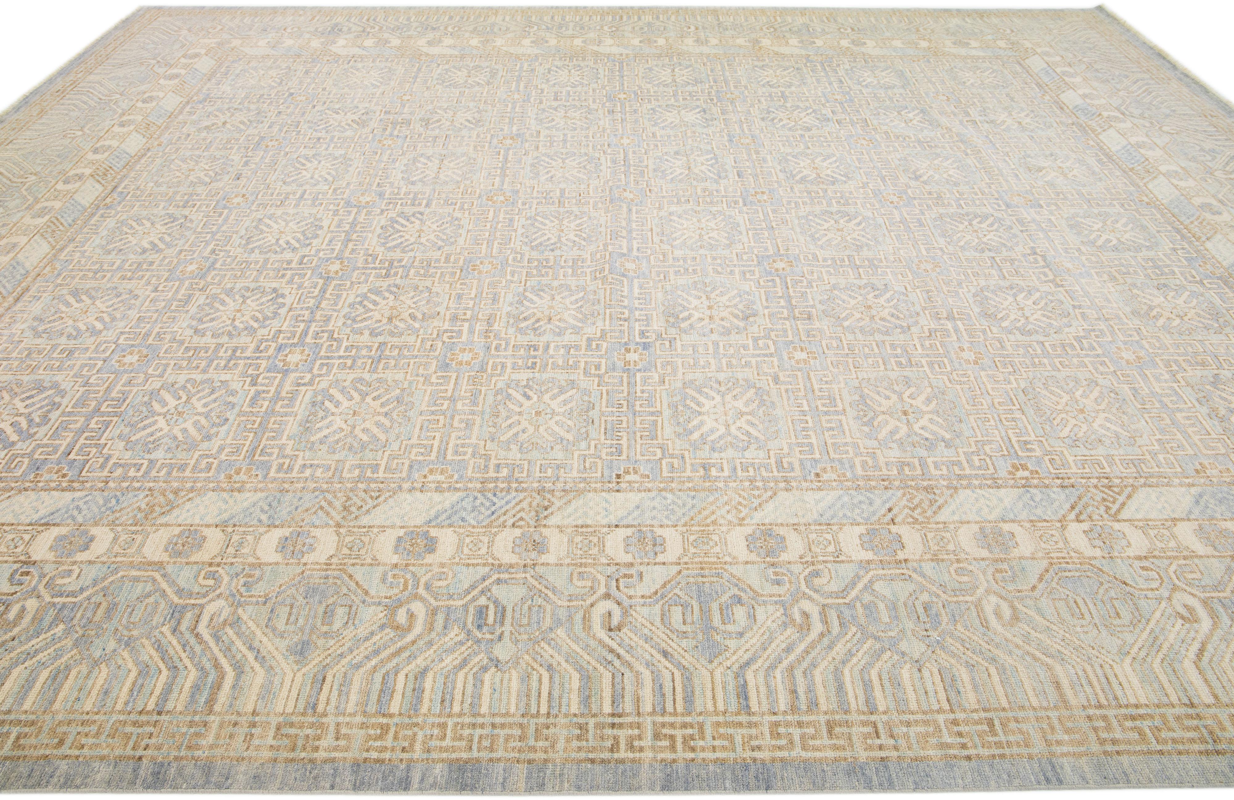 Hand-Knotted Oversize Modern Khotan Style Wool Rug with Geometric Pattern in Beige For Sale