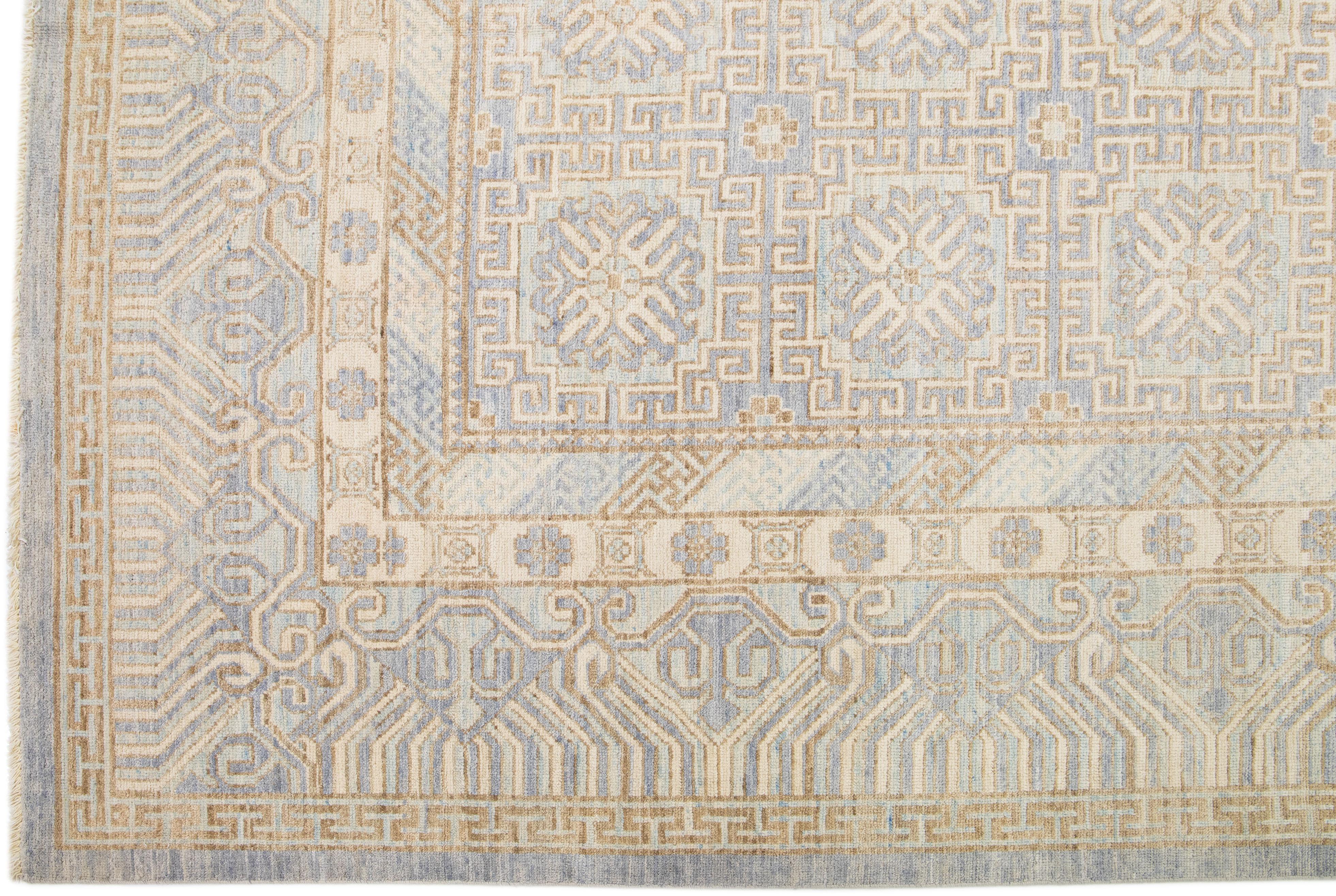 Oversize Modern Khotan Style Wool Rug with Geometric Pattern in Beige In New Condition For Sale In Norwalk, CT