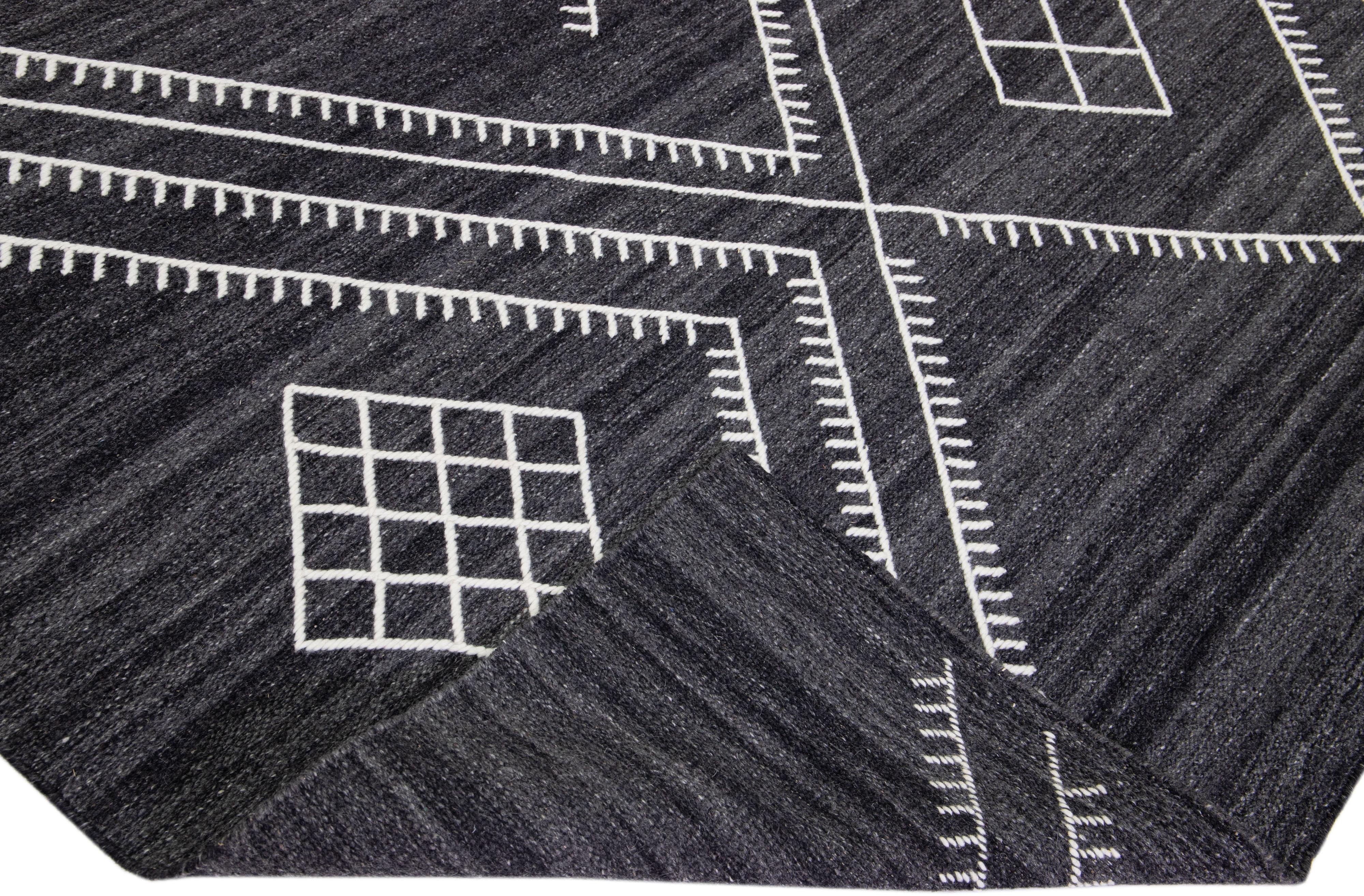 Hand-Knotted Oversize Modern Kilim Flatweave Wool Rug With Dark Gray Field By Apadana For Sale