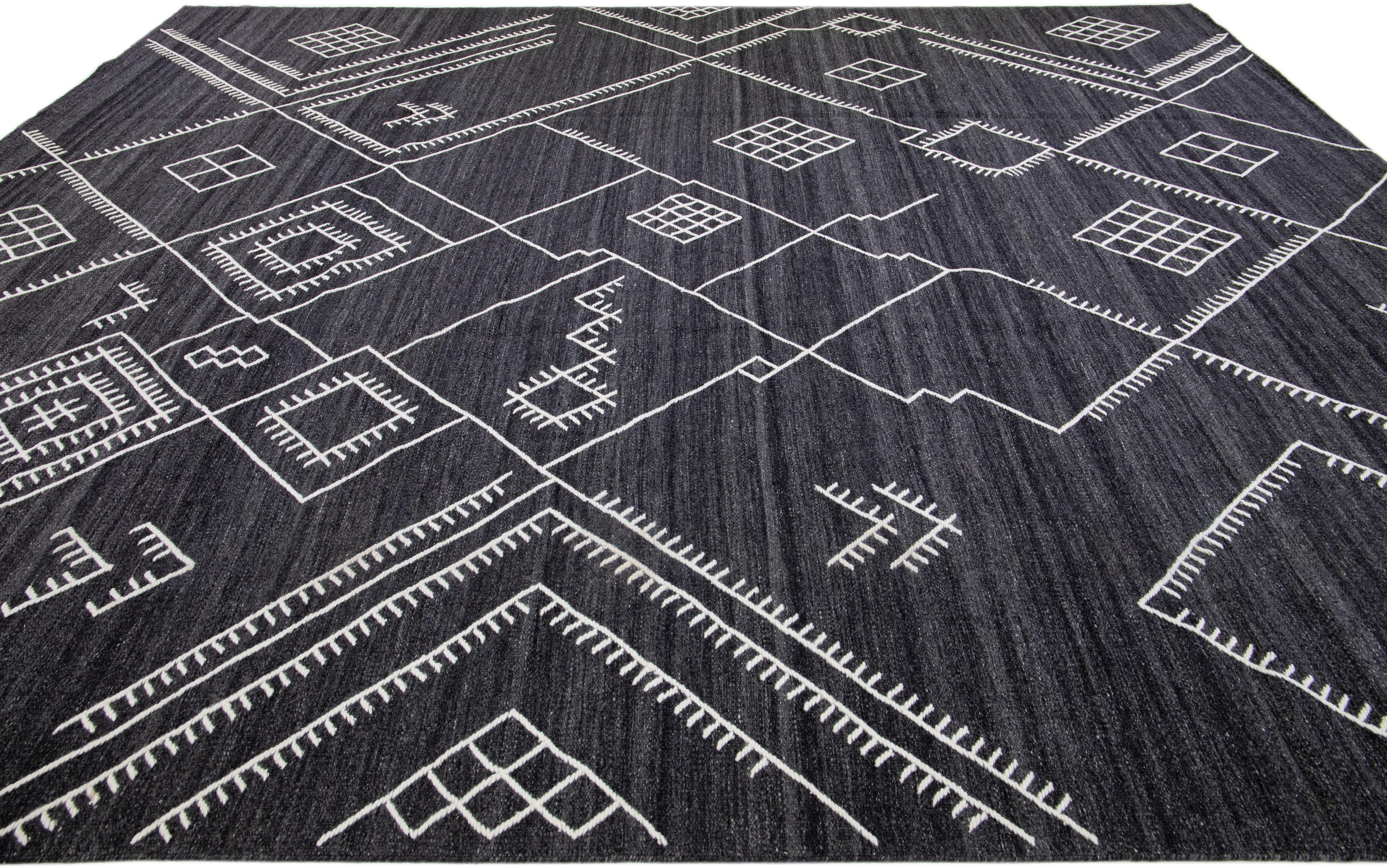 Contemporary Oversize Modern Kilim Flatweave Wool Rug With Dark Gray Field By Apadana For Sale