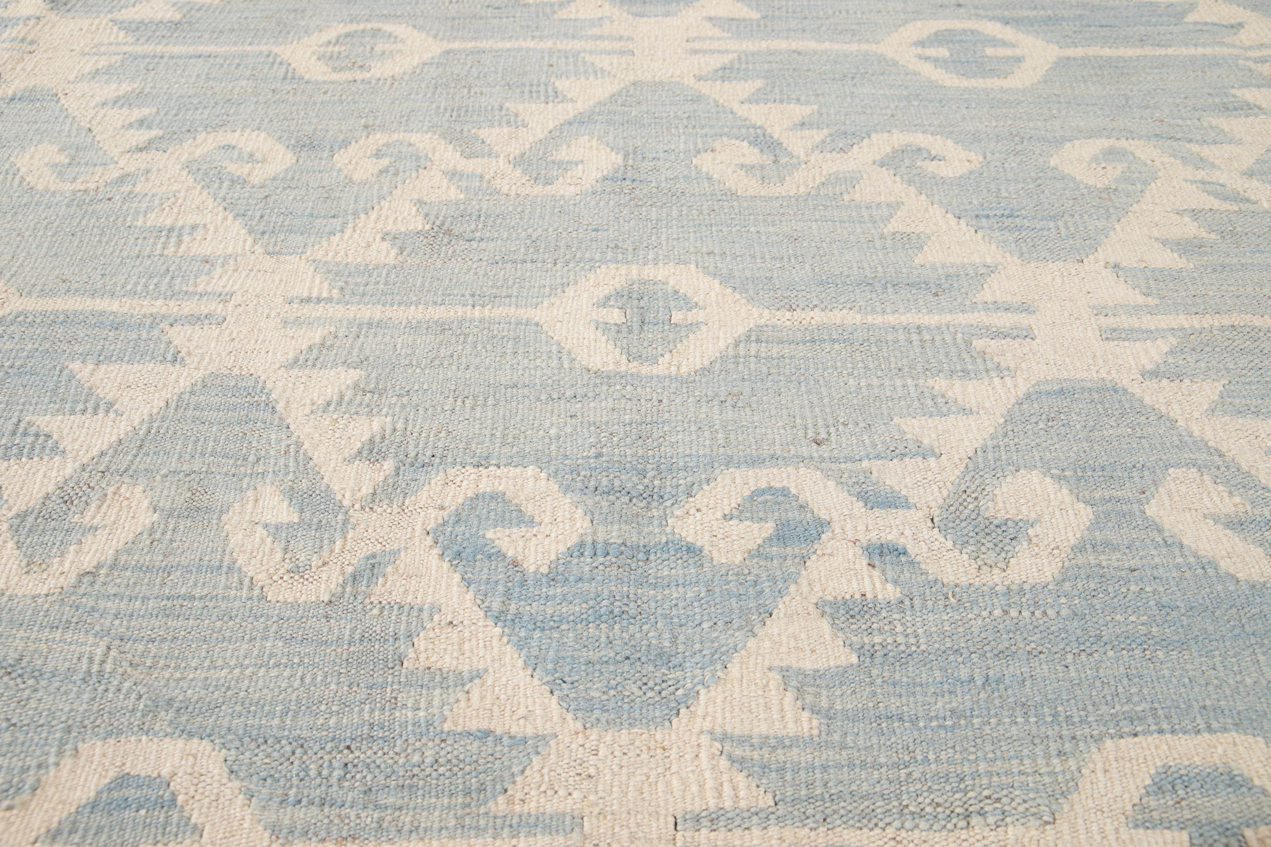 Indian Oversize Modern Kilim Flatweave Wool Rug with Tribal Motif In Light Blue For Sale