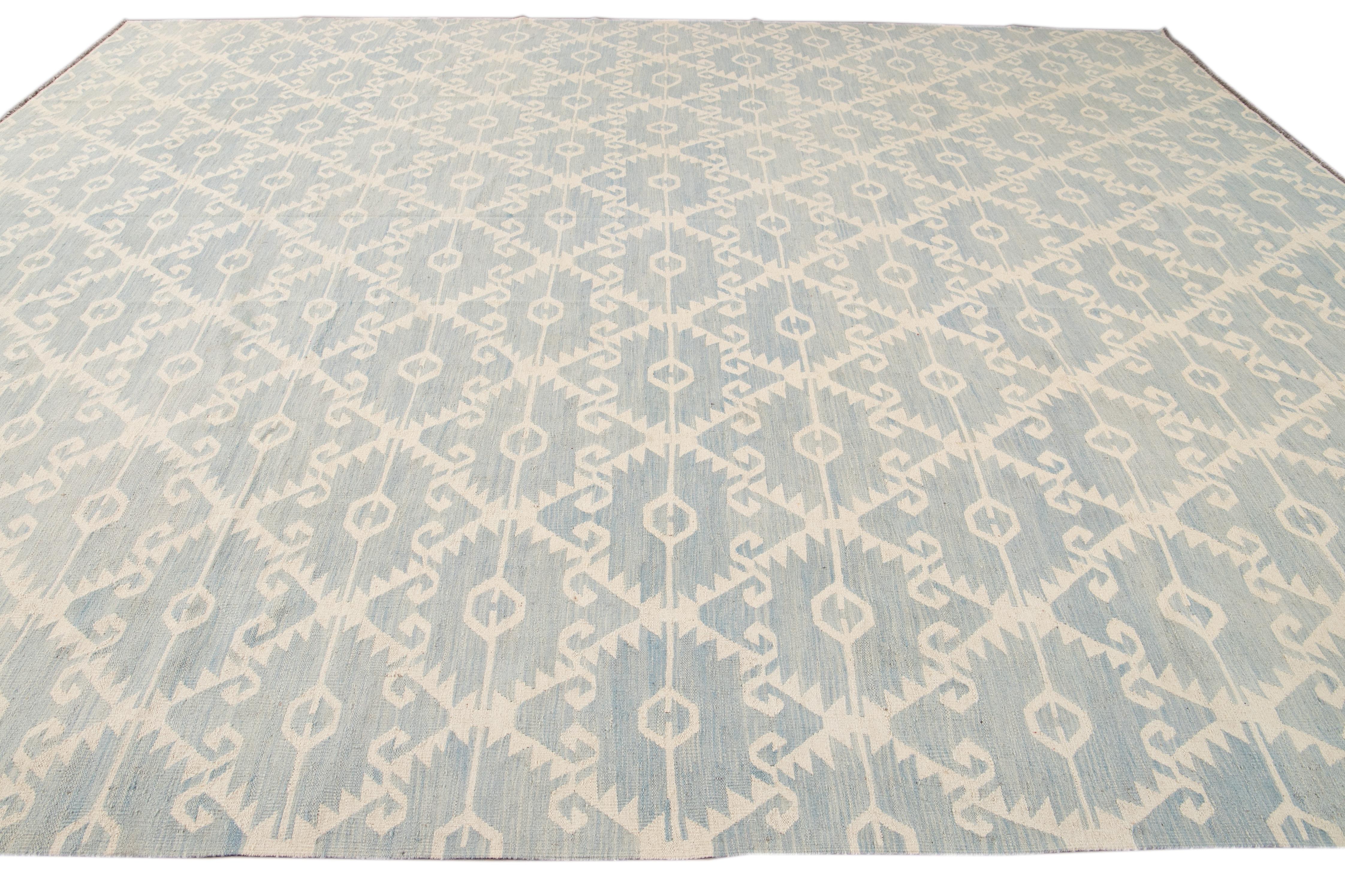 Contemporary Oversize Modern Kilim Flatweave Wool Rug with Tribal Motif In Light Blue For Sale