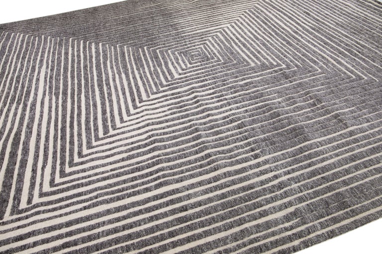 Oversize Modern Moroccan Style Gray Wool Rug with Op Art Design by