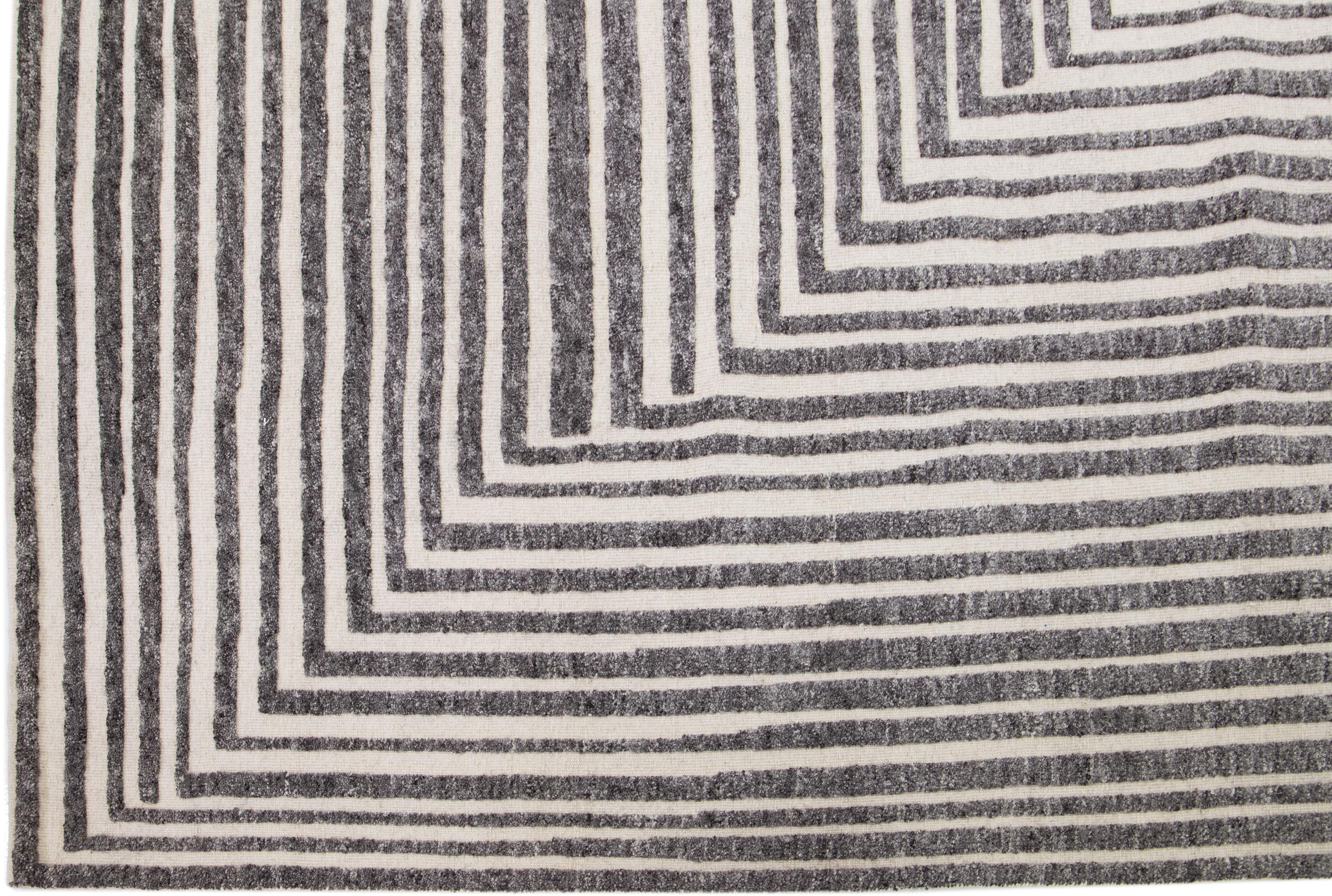 Hand-Knotted Oversize Modern Moroccan Style Gray Wool Rug with Op Art Design by Apadana For Sale